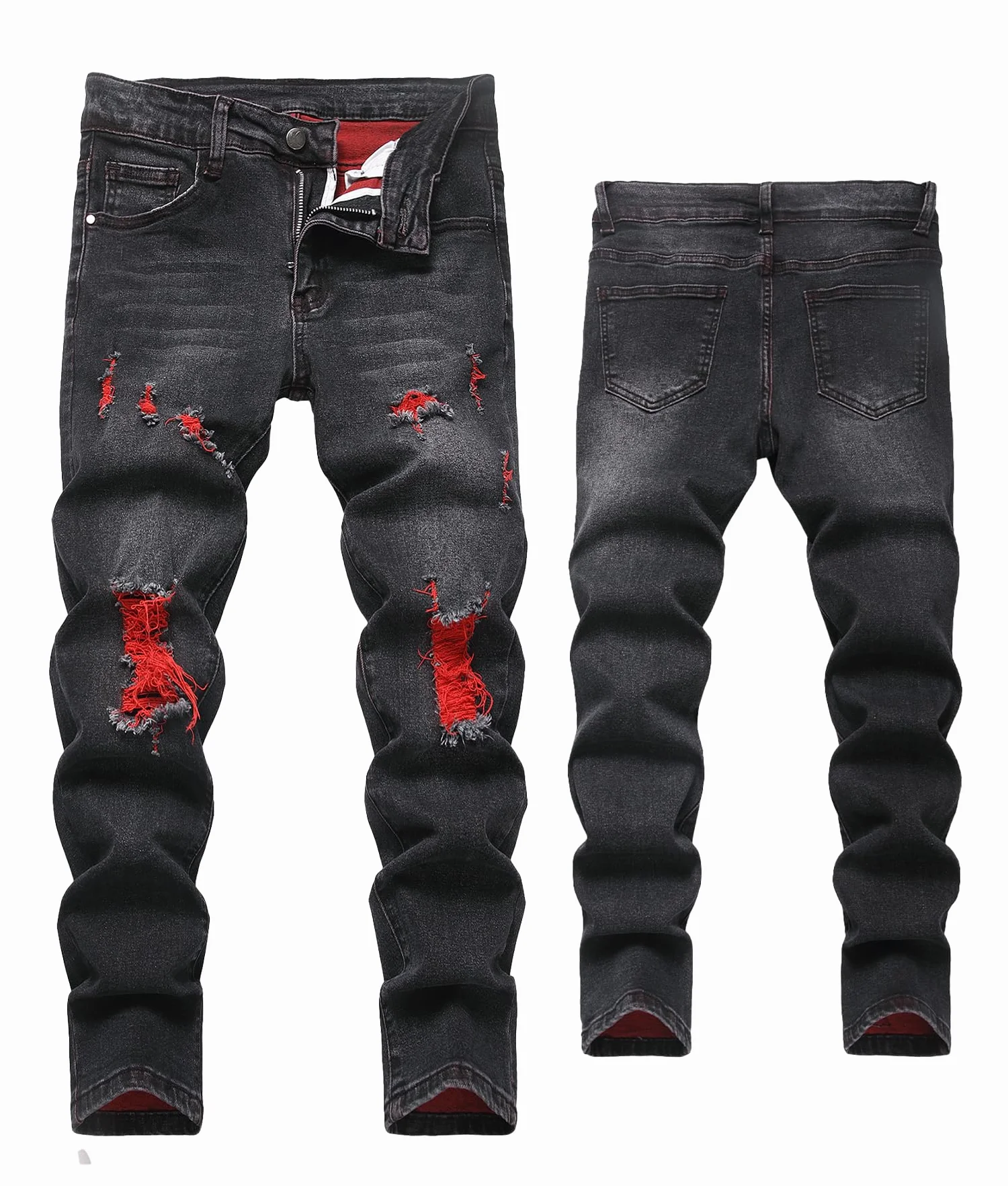 FEOYA Kids Jean Slim Fit prążkowane spodnie dla nastolatków skinny denim, chłopięce spodnie dżinsowe, podarte, elastyczne, dla dzieci, na wiosnę, z gumowym ściągaczem, długie z otworami, 7-16 lat