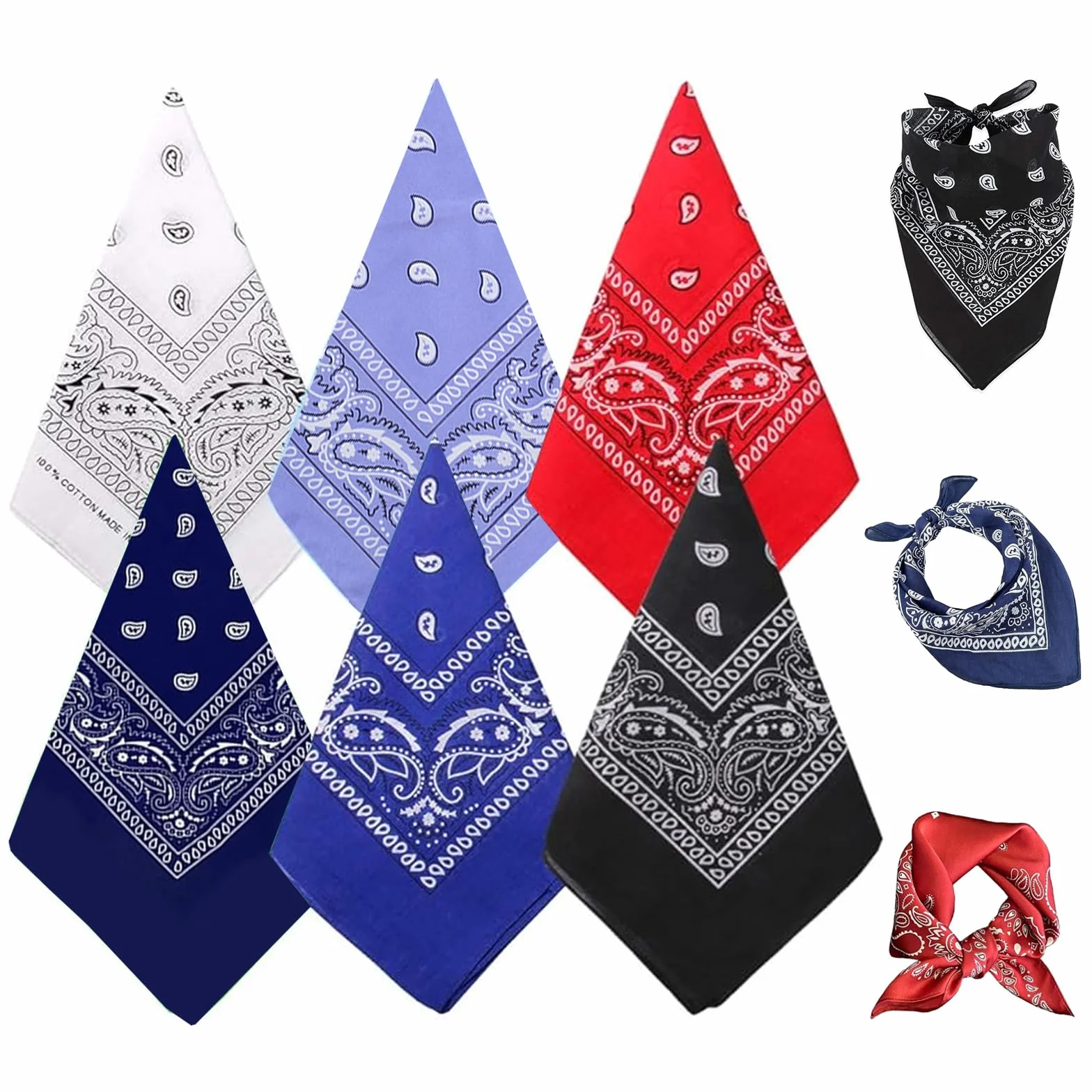 Zestaw 6 bandany w różnych kolorach, szal do włosów, wzór Paisley, chusta na szyję, chusta na głowę, szal z mustem Paisley, na co dzień, do uprawiania sportu i spędzania wolnego czasu (55 cm x 55 cm