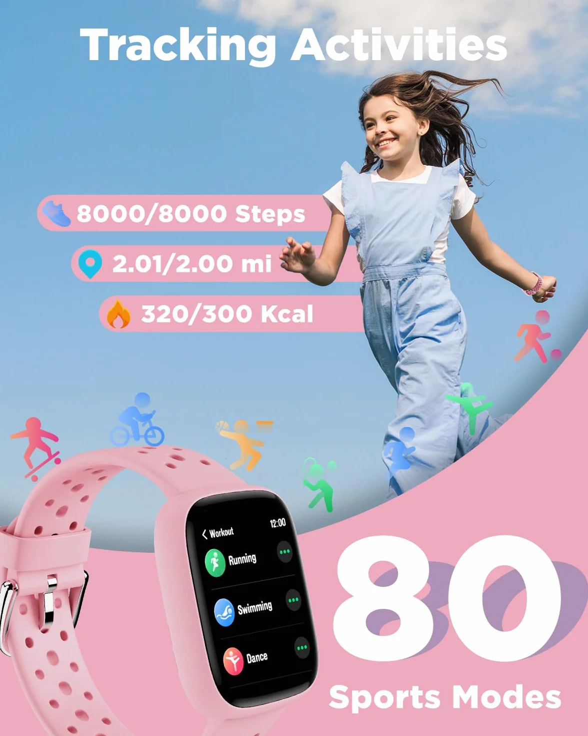 Biggerfive Smartwatch dla dzieci, 1,8-calowy zegarek fitness z krokomierzem, 24/7 pomiar tętna, monitor snu, alarm wibracyjny, klasa wodoszczelności IP68, gry logiczne z/bez aplikacji, dla dziewczynek