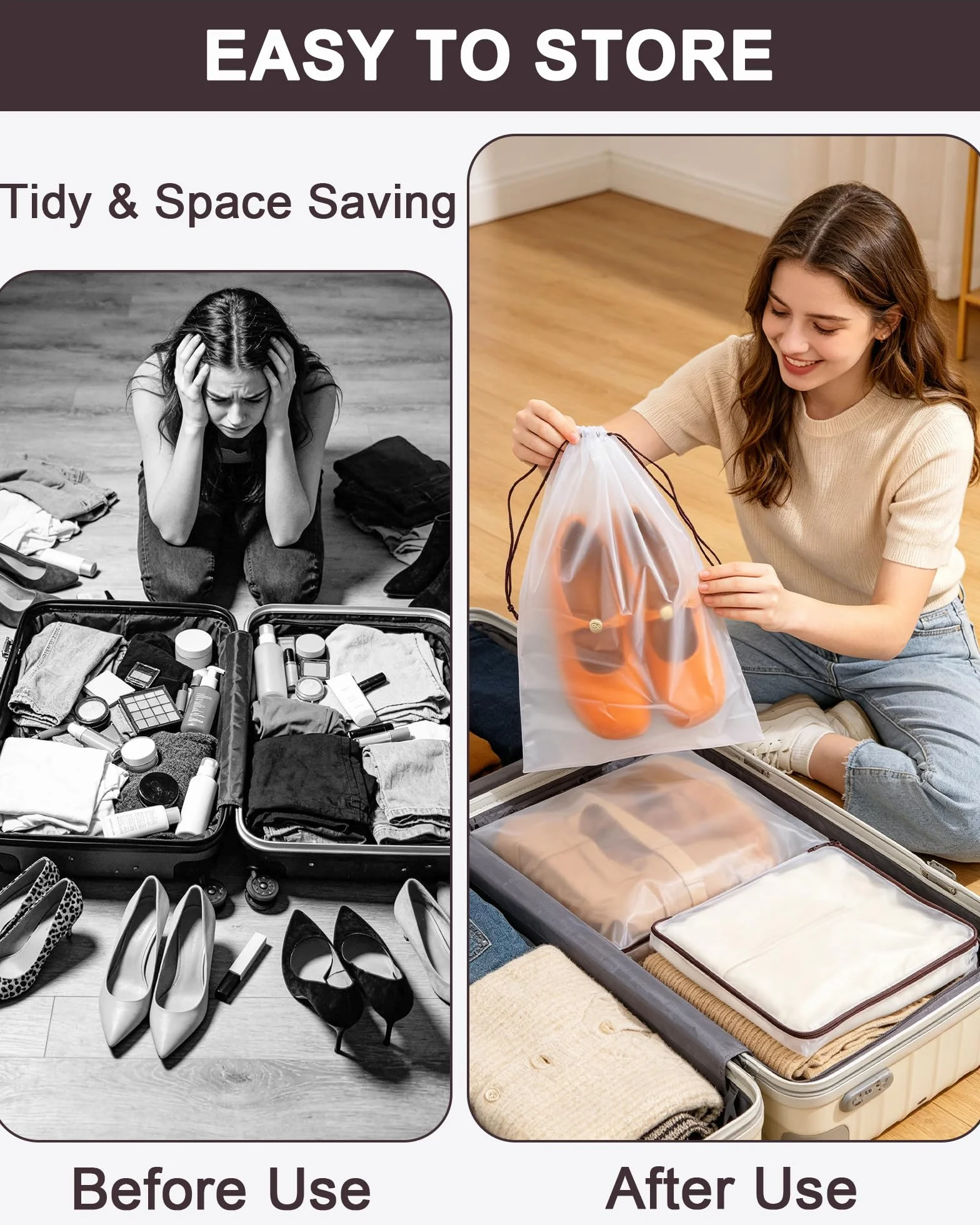 Worki na Buty do Podróży, 8 Sztuk Organizer do Butów do Walizki Wodoodporny ze Ściągaczem, 30x40cm Przezroczyste Woreczki na Buty, Dom i Siłownia, z 1 Etykietami