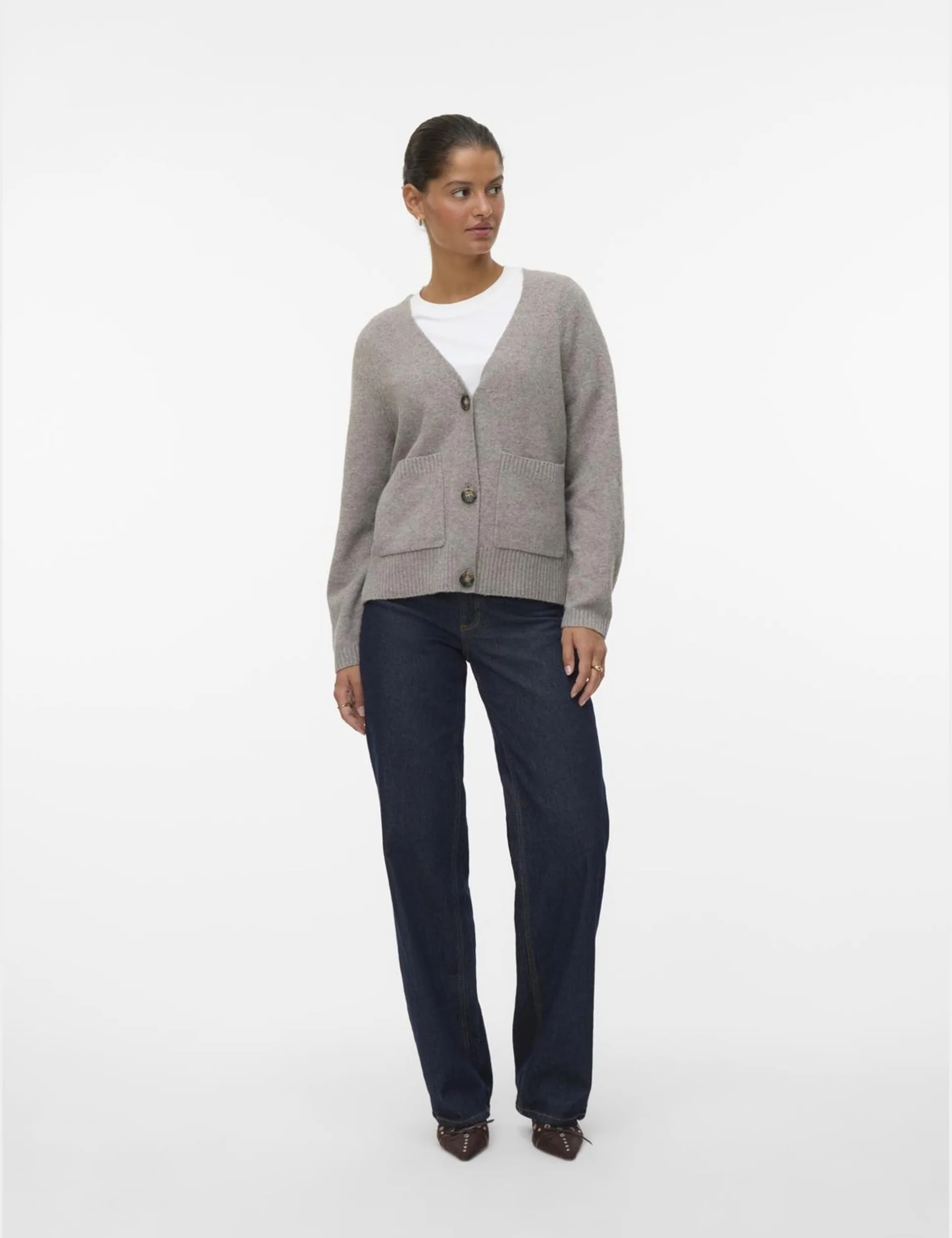 VERO MODA Vmboom Ls V-Neck Button Cardigan Ga Noos, Moon Rock, S