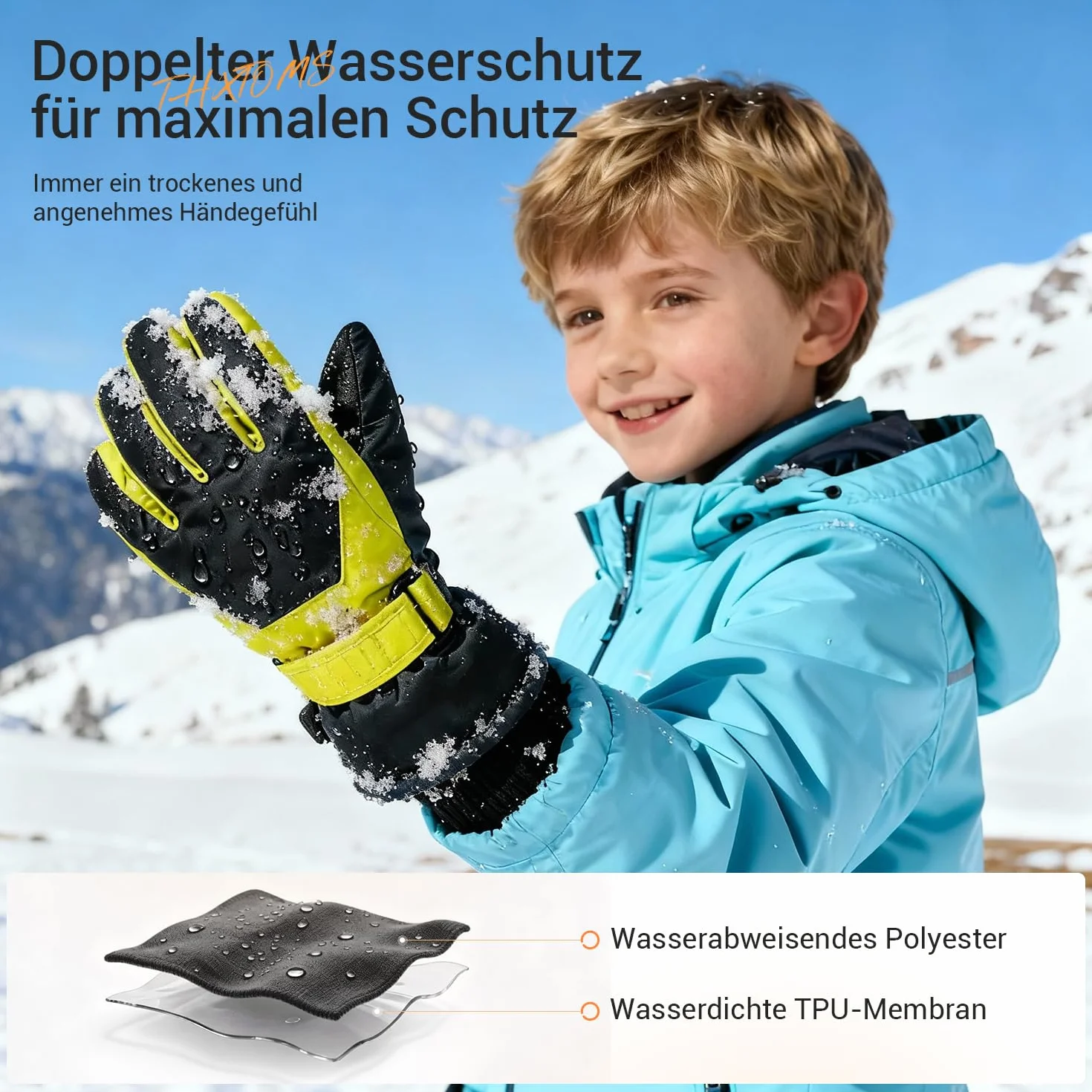 ThxToms Dziecięce rękawice narciarskie, zimowe rękawiczki narciarskie, -15℃, palma PU, wiatroszczelne, wodoszczelne, ciepłe polarowe, sportowe, snowboardowe, do jazdy na nartach, jazdy na rowerze, dla