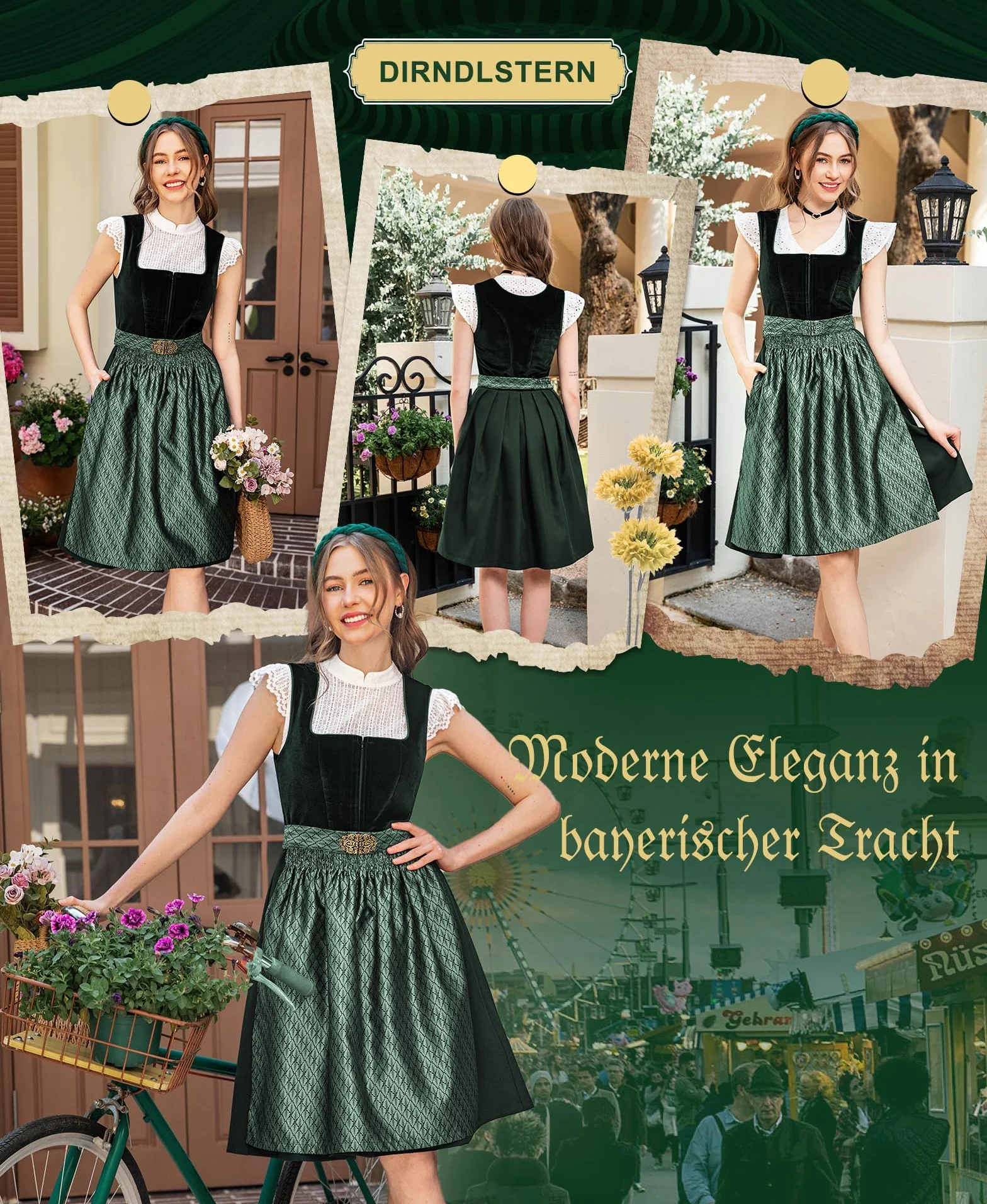 DIRNDLSTERN Damska sukienka do stroju ludowego zielona – spódnica midi aksamitna sukienka Dirndl, strój na Oktoberfest z fartuchami Dirndl