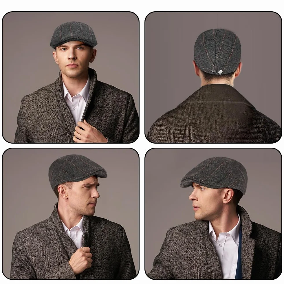 Męska płaska czapka, Newsboy Flat Cap, 1920s-Vintage Beret Czapka męska bawełniana czapka, Wool Felt Unisex Czapka Vintage Retro Jesień, Cabbie Beret Zimowy Gatsby Mężczyźni