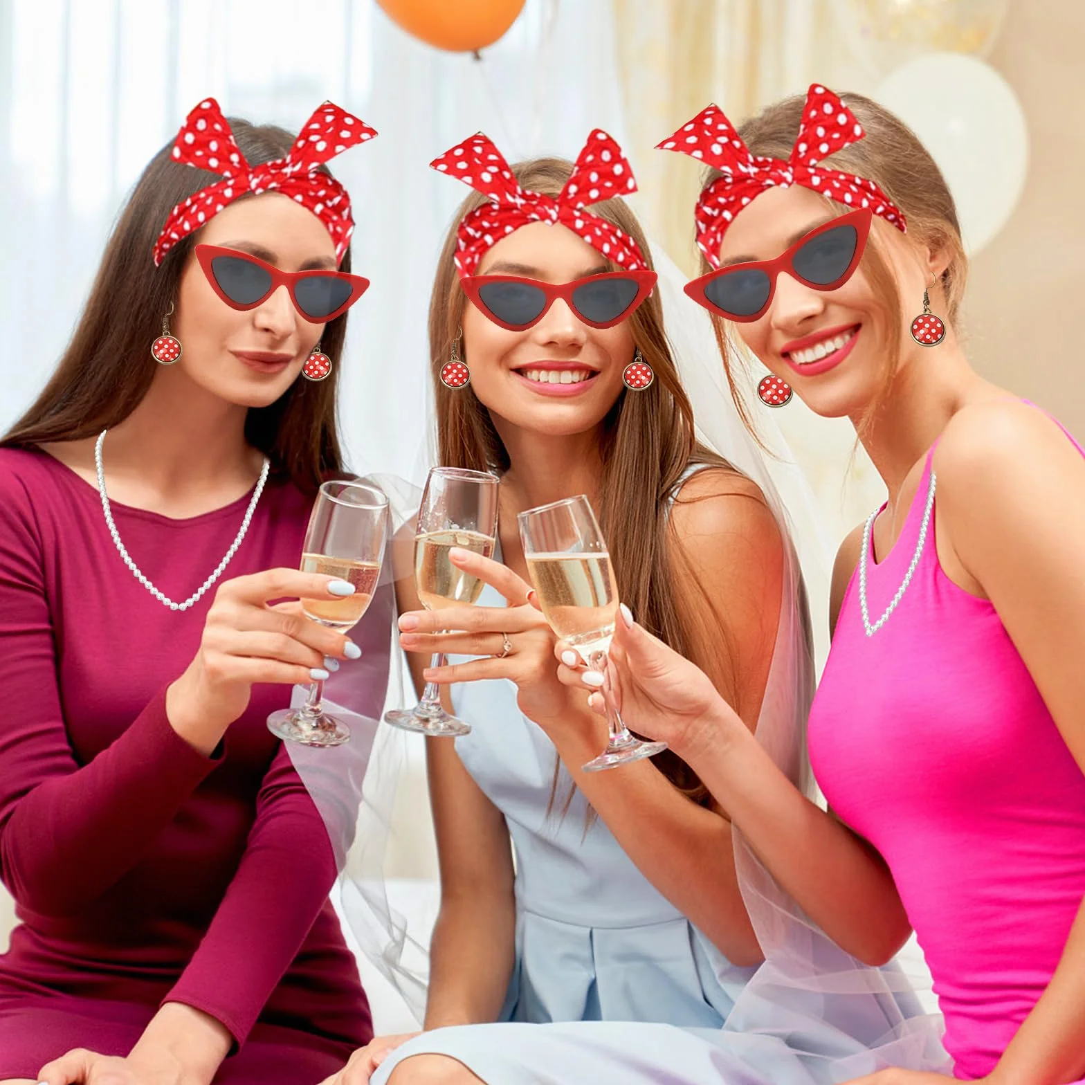 Akcesoria damskie w stylu lat 50., 8 sztuk, rockabilly, akcesoria damskie na karnawał, lata 50., zestaw kostiumowy z szyfonem, szalem, rękawiczkami, okularami, w kropki, bandana, kolczyki,