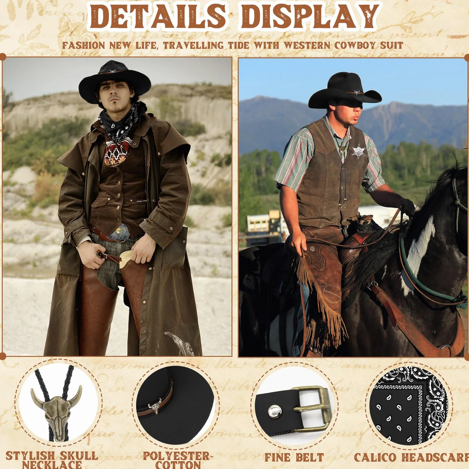 Zestaw 8 akcesoriów do kostiumu kowbojskiego, Deluxe Western Cowboj, strój z brązowym kapeluszem, paisley, kabura, pasek, bolo, klamra, krawat, naszyjnik, odznaka szeryfa, dla mężczyzn, hipisowska