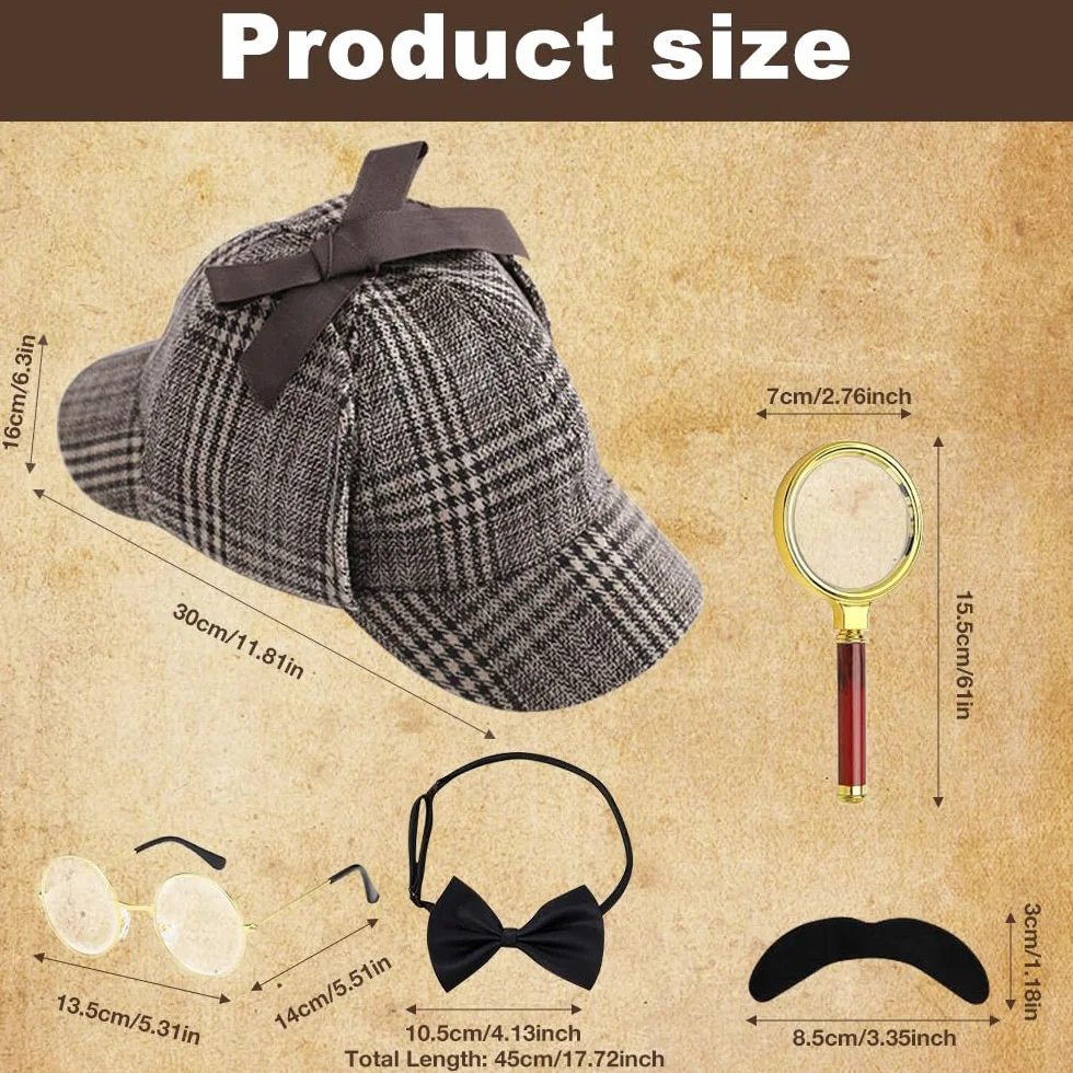Zestaw akcesoriów do kostiumu detektywa, 5 sztuk, kostium Sherlocka Holmesa, rekwizyty do cosplay detektywa, z kapeluszem detektywistycznym, metalowymi okularami, lupą, muszką męską, brodą, dla
