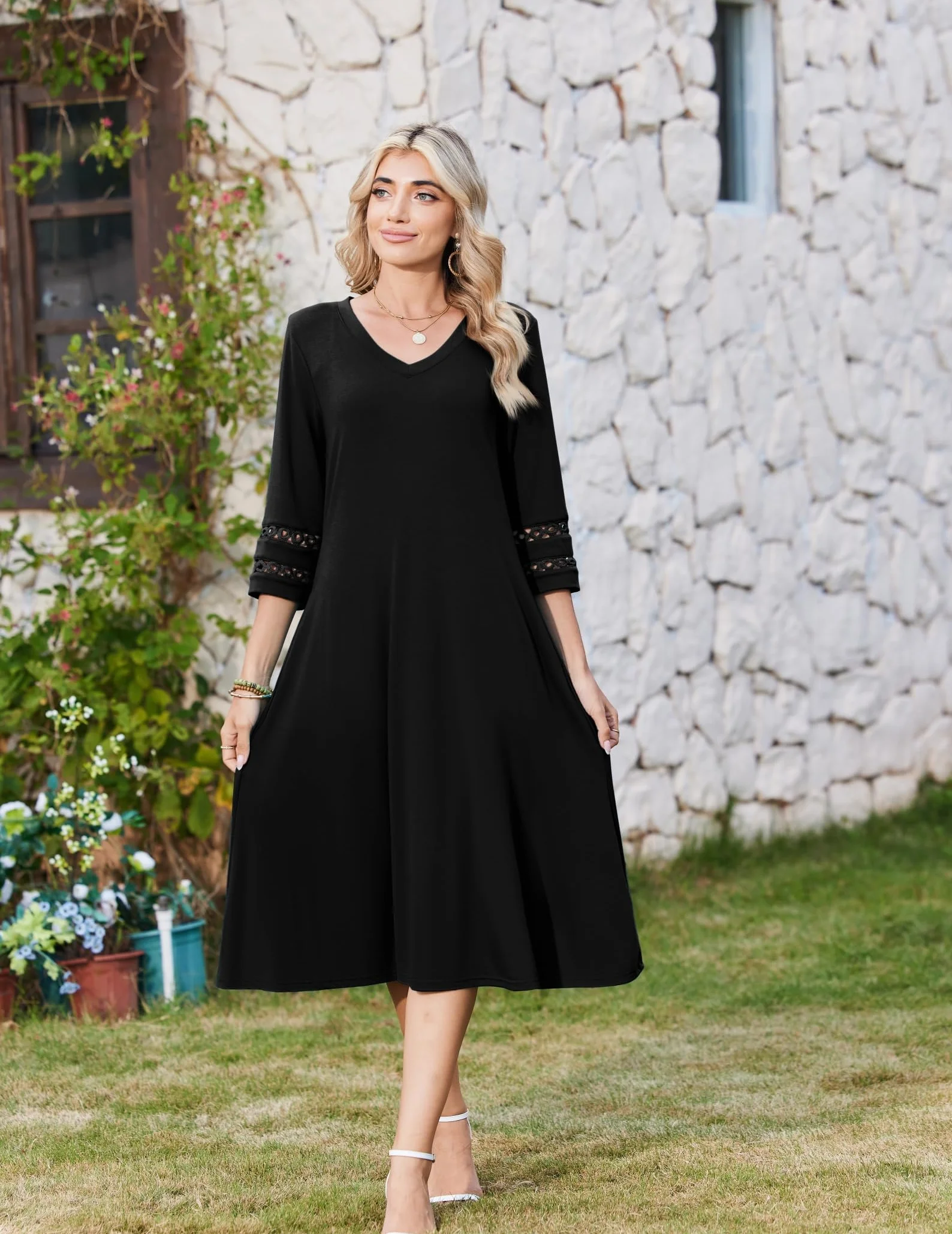 Zeagoo Letnia sukienka damska, elegancka, rękaw 3/4, sukienka midi, koronkowe rękawy, sukienka tunika, sukienka z kieszeniami, dekolt w serek, sukienka na czas wolny