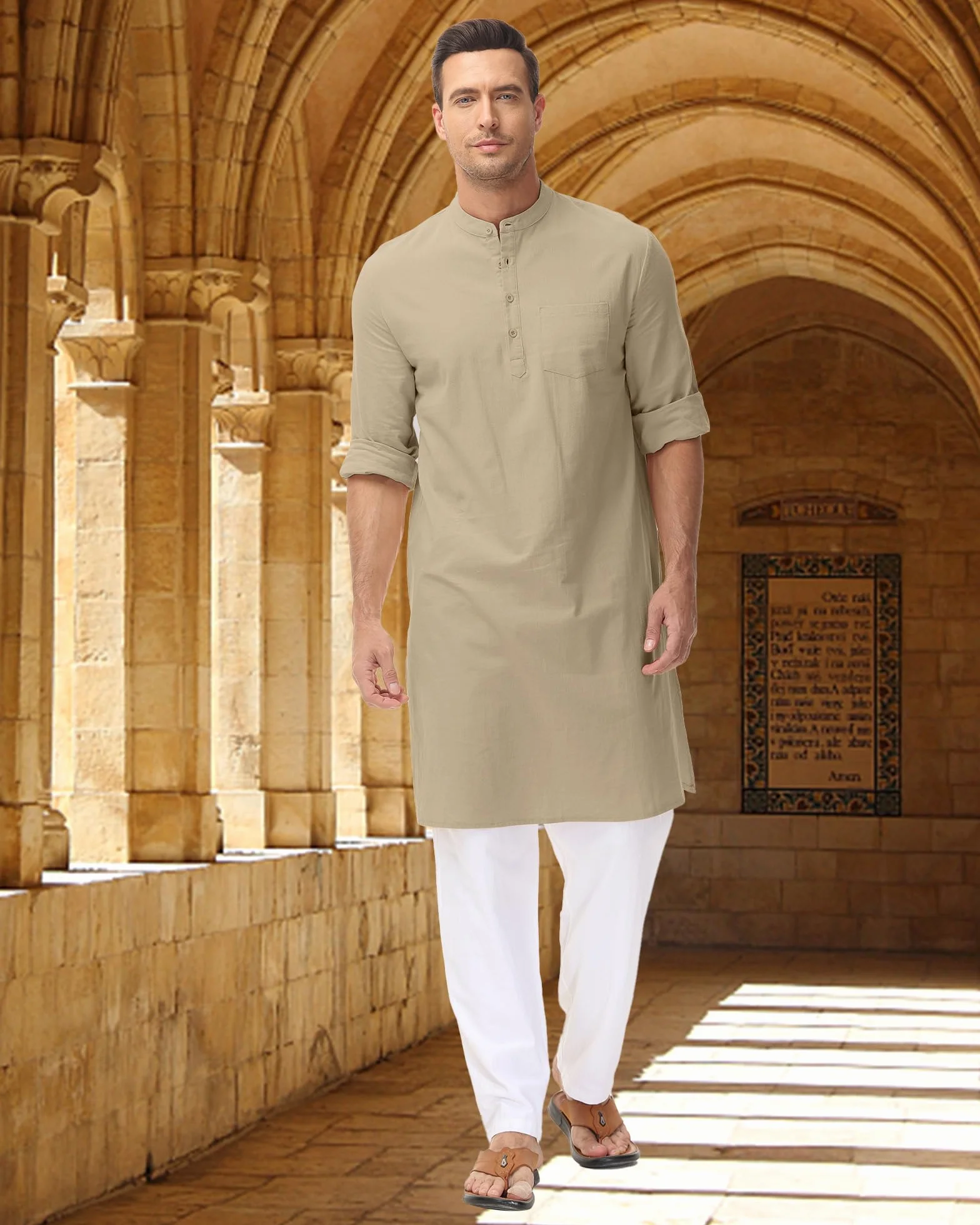 LVCBL Kaftan męski szlafrok muzułmański dekolt z długim rękawem Kaftan guzik wysoki Thobe M-3XL