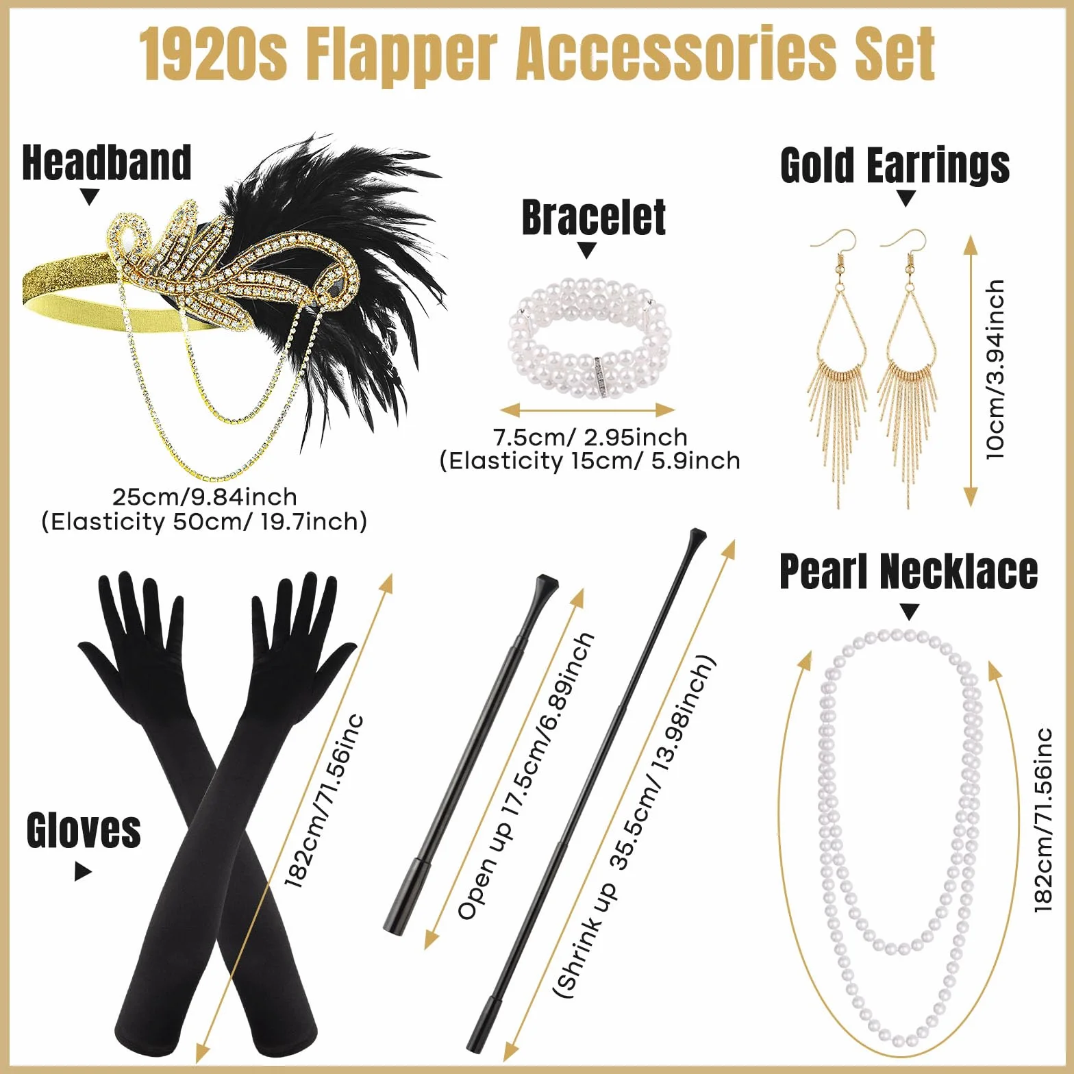 PLULON Zestaw akcesoriów Flapper Great Gatsby z lat 20. XX wieku, modny zestaw tematyczny z opaską na głowę, długie czarne rękawiczki, naszyjnik, kolczyki dla kobiet