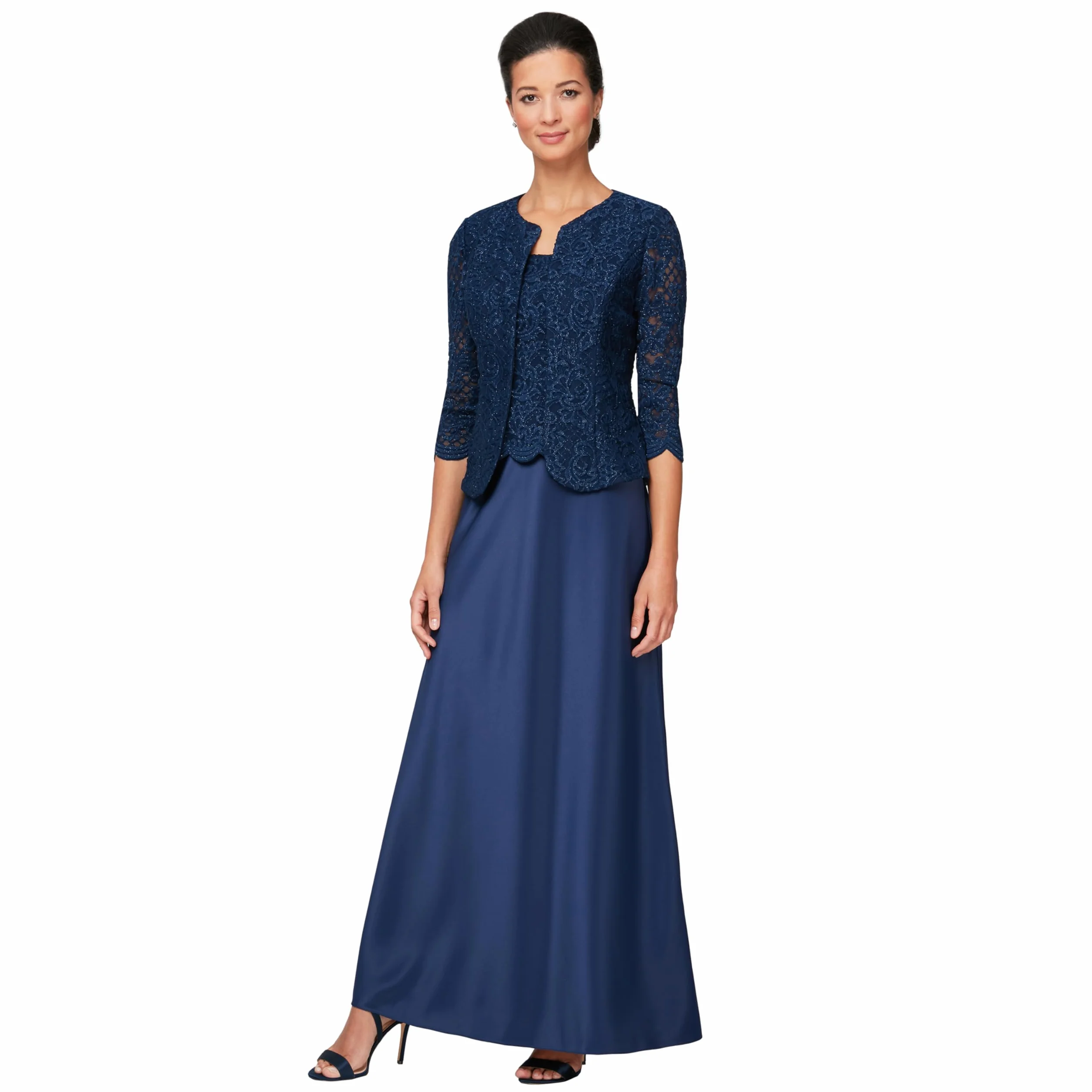 Alex Evenings Women's Two Piece Mother of The Bride Dress with Lace Jacket (Petite and Regular Sizes), Navy, 8