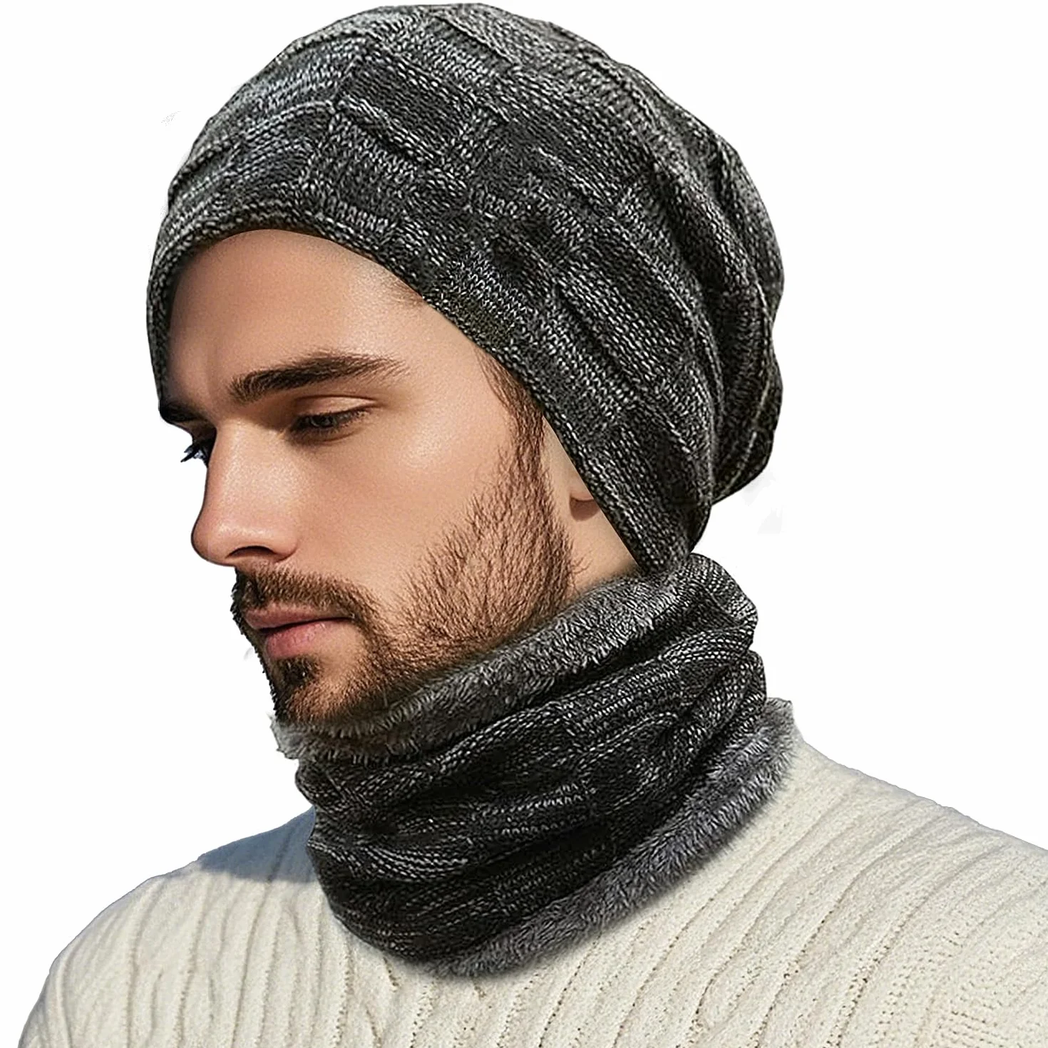 Męska czapka zimowa, zestaw szalików, szaro-czarna, imitacja kaszmiru, czapka beanie, czapka z dzianiny, dla mężczyzn i kobiet