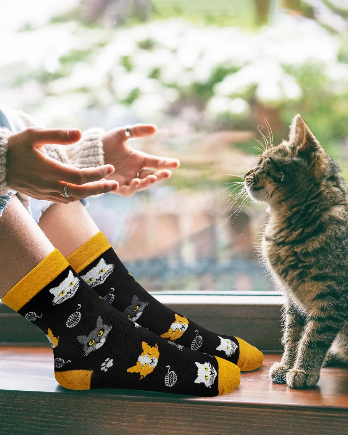 Skarpety z zabawnym motywem kota, zabawne skarpety z napisem "Bitte nicht Stören - Meine Katze braucht Mich", pomysł na prezent urodzinowy dla miłośników kotów kobiet i mężczyzn