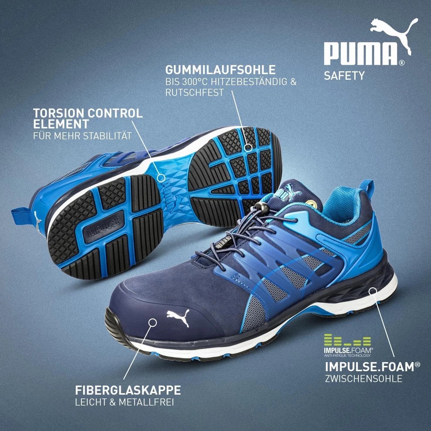PUMA Safety Velocity 2.0 Blue Low buty robocze, buty ochronne, S1P SRC, czapka z włókna szklanego dla mężczyzn