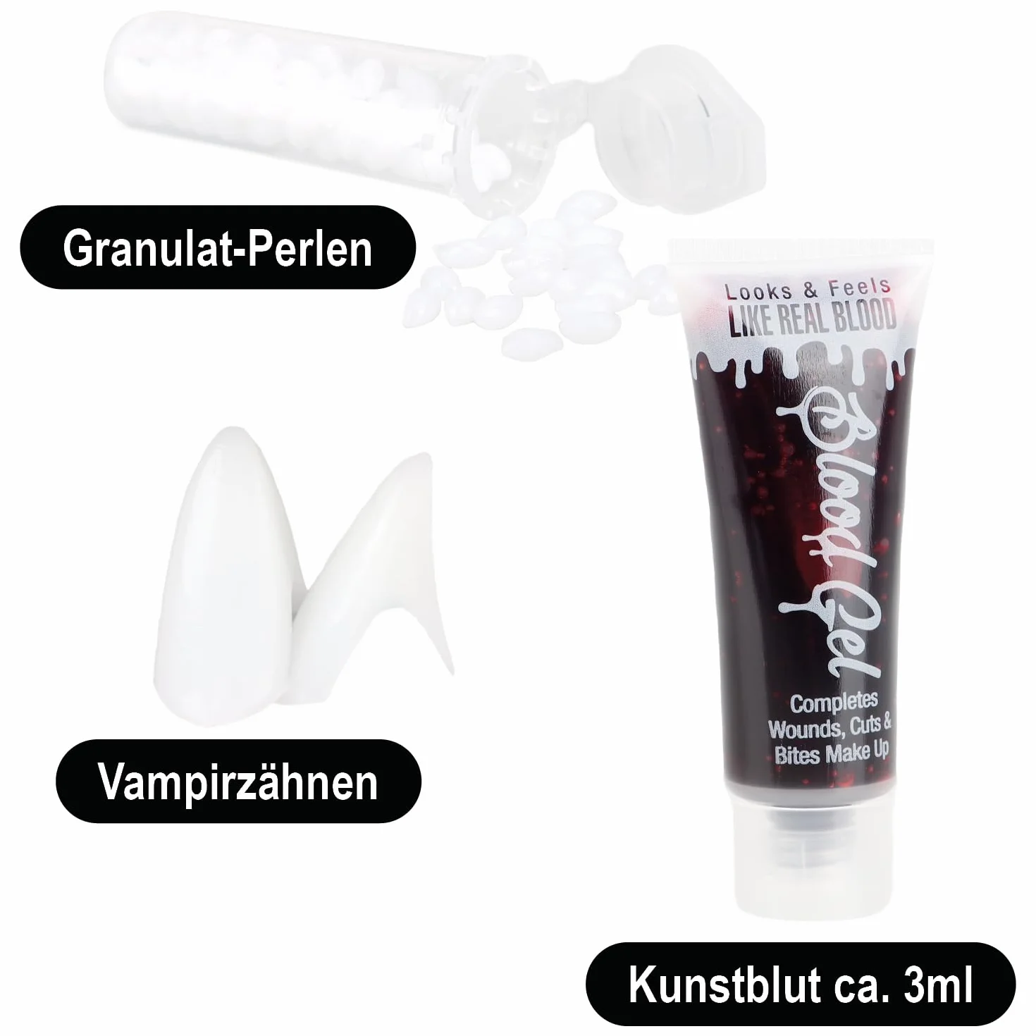 COM-FOUR® 5-czesciowy zestaw do makijazu na Halloween - akcesoria do kostiumu wampira z zebami wampira, sztuczna krwia, gabka, koralikami samoprzylepnymi i paleta do makijazu