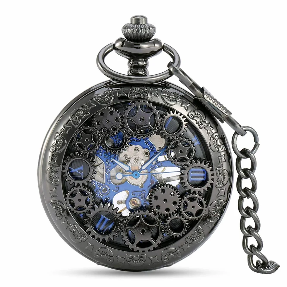 Avaner Posrebrzane starzejące się Steampunk Szkielet Roman Number Half Hunter Case Ręka Mechaniczny Wiatr Zegarek Kieszonkowy Naszyjnik, Model 7, Vintage