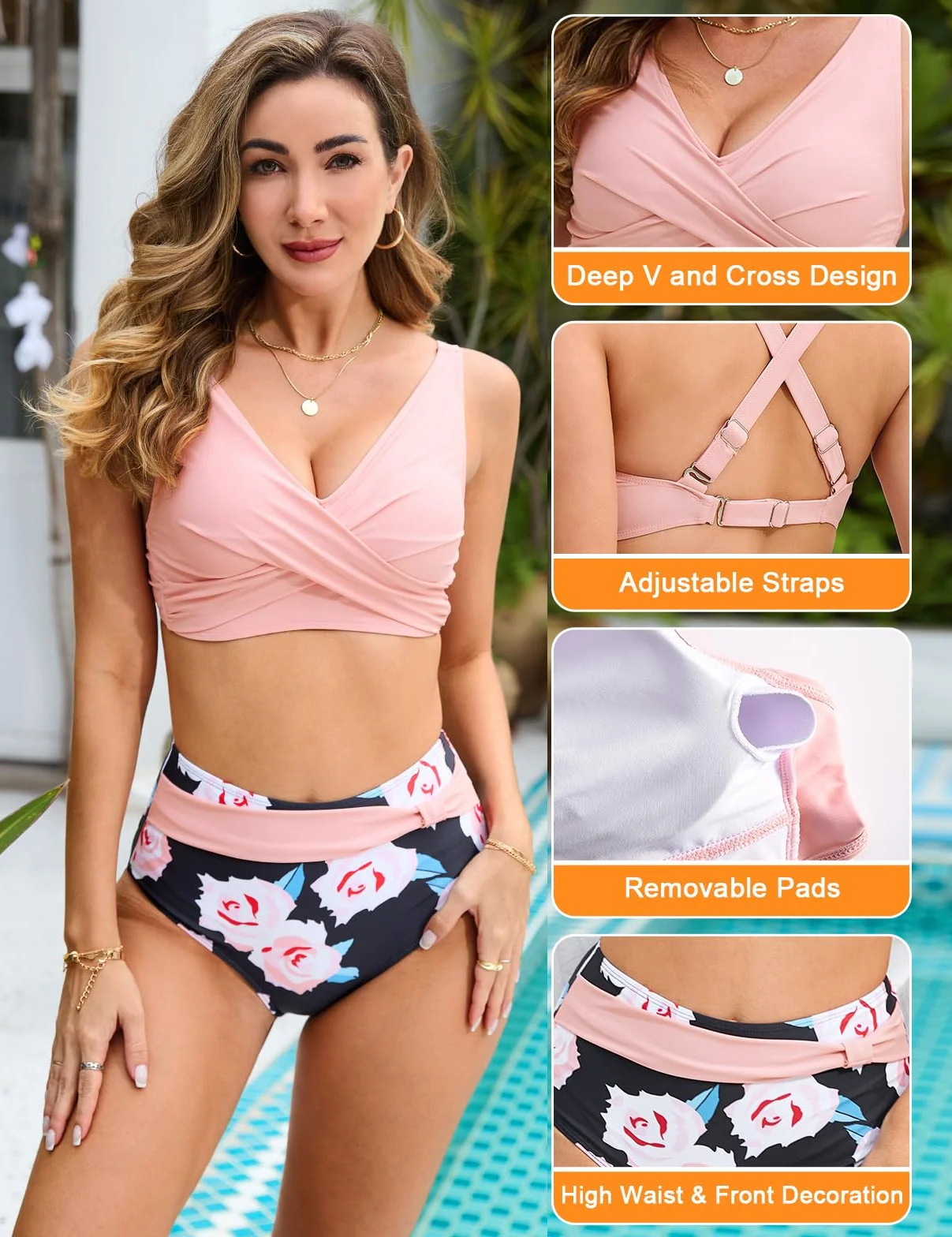 UMIPUBO Damski strój kąpielowy z wysokim stanem dwuczęściowy zestaw bikini push-up stroje kąpielowe bikini wyściełany top regulowany biustonosz plaża stroje kąpielowe