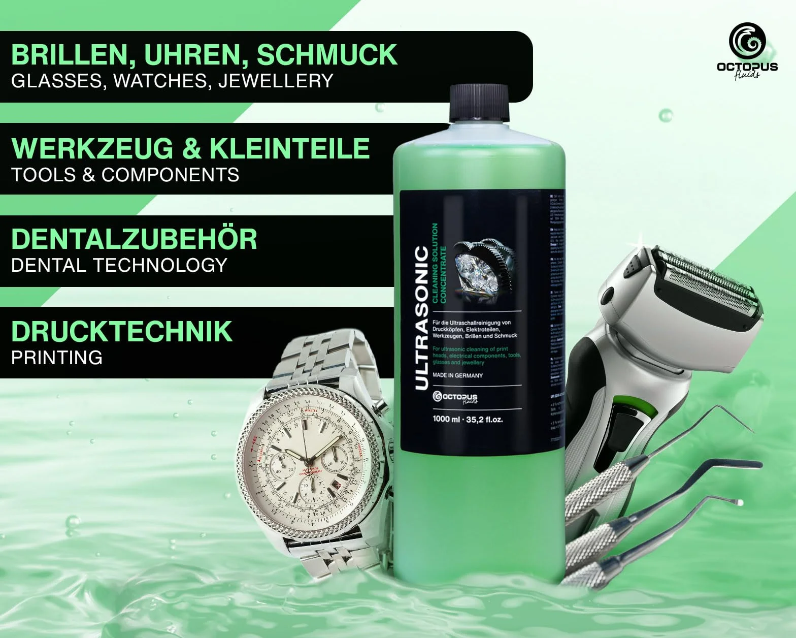 OCTOPUS wydajny myjka ultradźwiękowa, koncentrat do stosowania w myjce ultradźwiękowej, myjce do okularów, mechanice i technologii druku (500 ml)