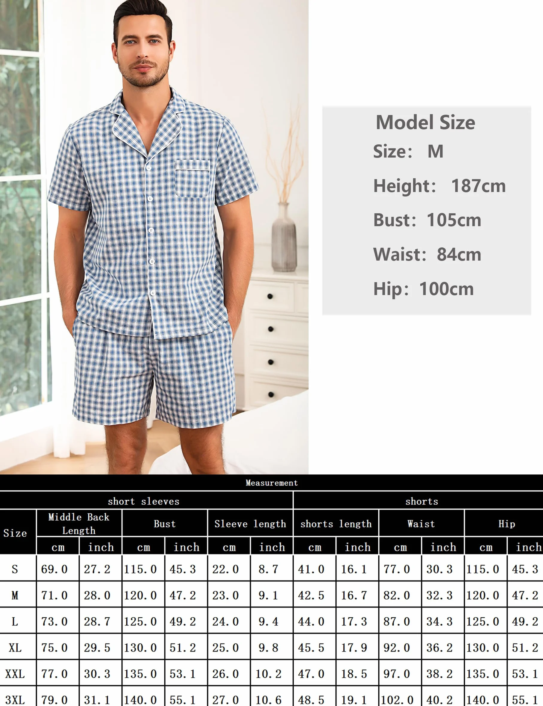 Męska piżama bawełniana krótka piżama lato krótki rękaw dwuczęściowa bielizna nocna Loungewear ze spodniami piżamowymi krótka S-XXL