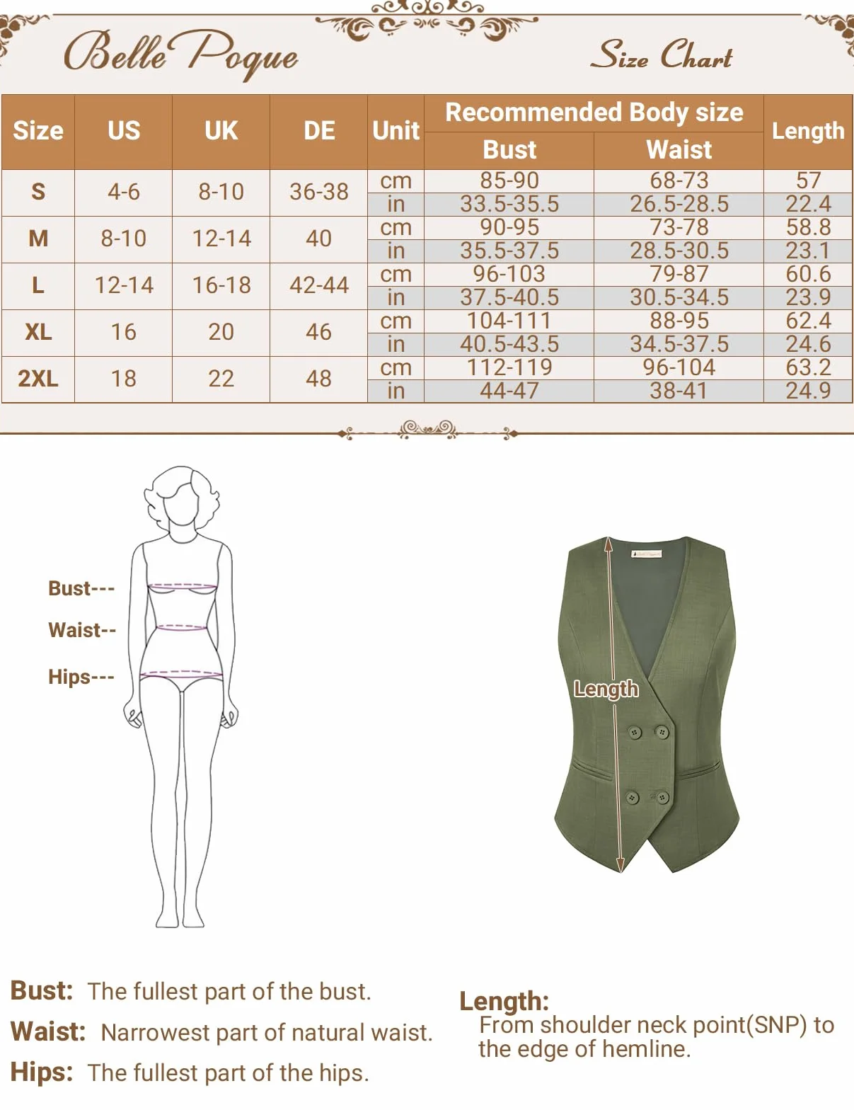 Belle Poque Kamizelka damska vintage bez rękawów dekolt w serek dwurzędowa poszetka obszycie kamizelka topy z kieszeniami