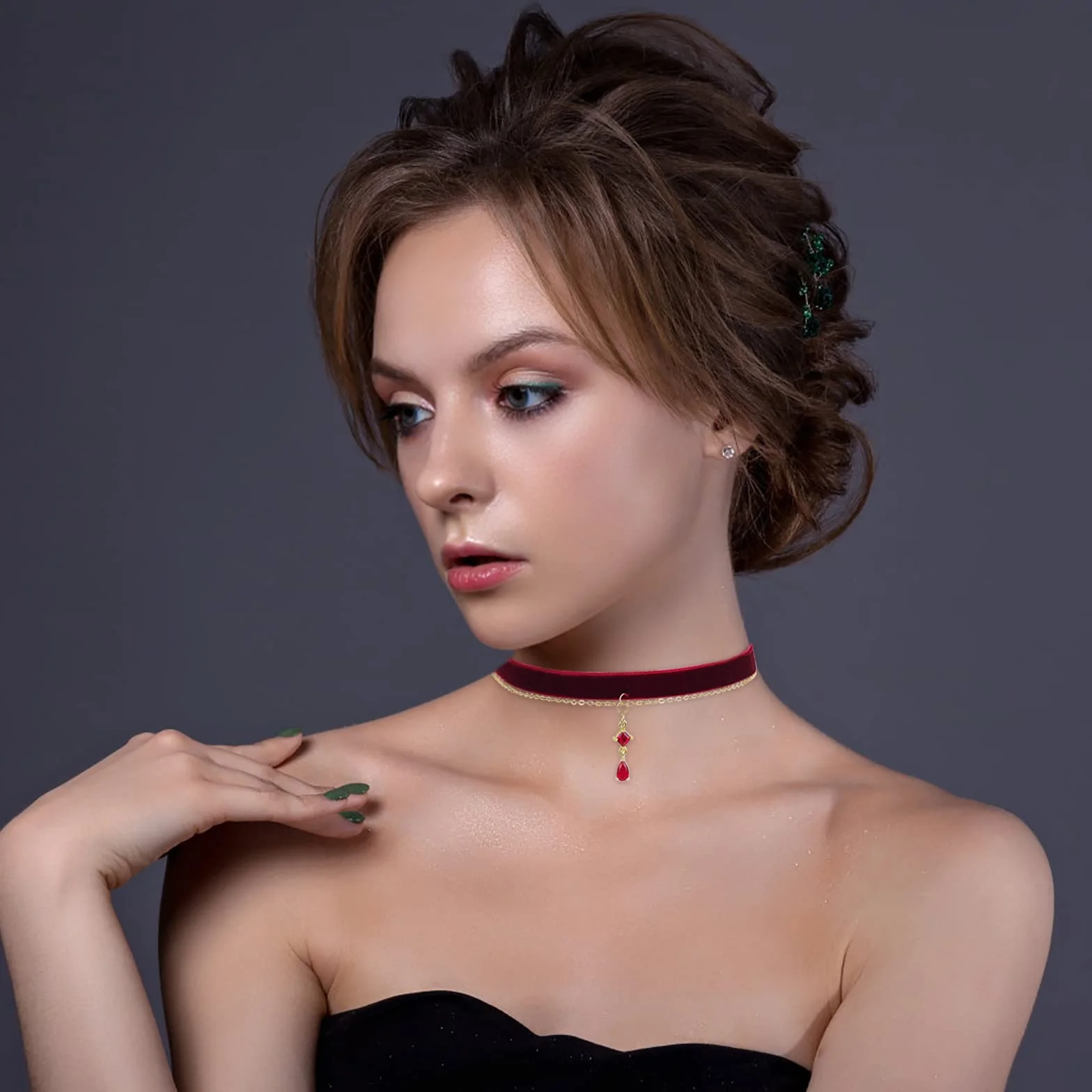 Czerwony aksamitny choker, naszyjnik dla kobiet, gotycki, w stylu vintage, wiktoriański, biżuteria, prezent, dla panny młodej, w stylu wampirzycy, akcesoria dla kobiet, Bez kamieni szlachetnych