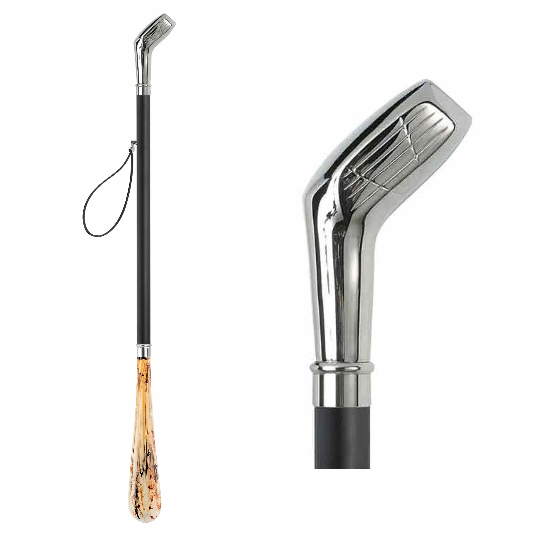 DELFA Design łyżka do butów 70 cm z srebrnym uchwytem w kształcie klubu golfowego - czarny drewniany trzonek z pętelką - elegancka pomoc w zakładaniu butów