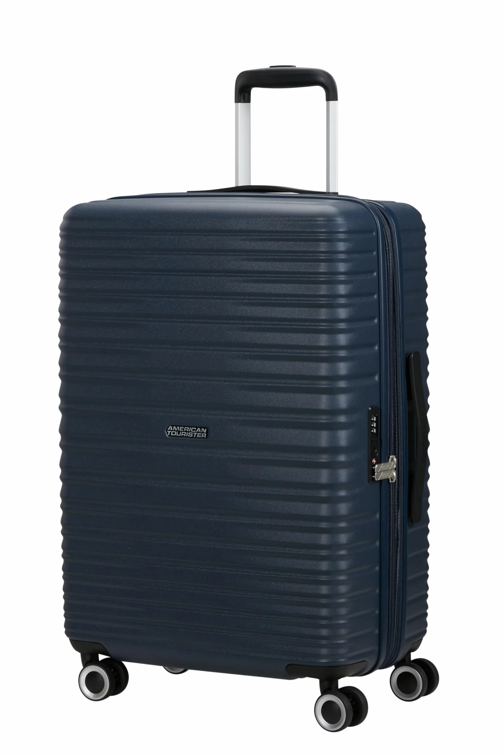American Tourister Aerotech - 3-częściowy zestaw bagażowy z twardą skorupą (do przenoszenia, średni, duży) rozszerzalny zestaw wózków z zamkiem TSA - niebieski (metaliczny granat)