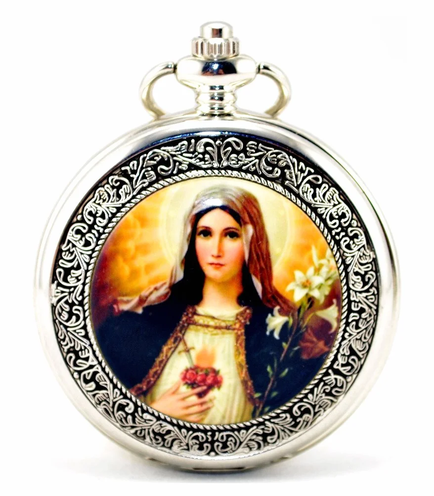 Unendlich U Madonna Maria i Jezus Chrystus Retro ręczny ręczny zegarek kieszonkowy wydrążony szkielet zegarek na łańcuszku wisiorek łańcuszek 4 opcje