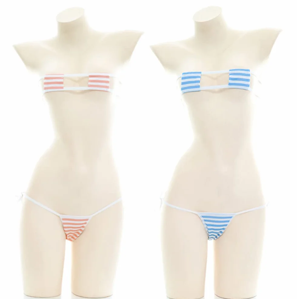 SINMIUANIME Damska bielizna anime w japońskim stylu seksowna niebiesko-różowe paski mikro bikini cosplay biustonosz i majtki zestaw, One Size