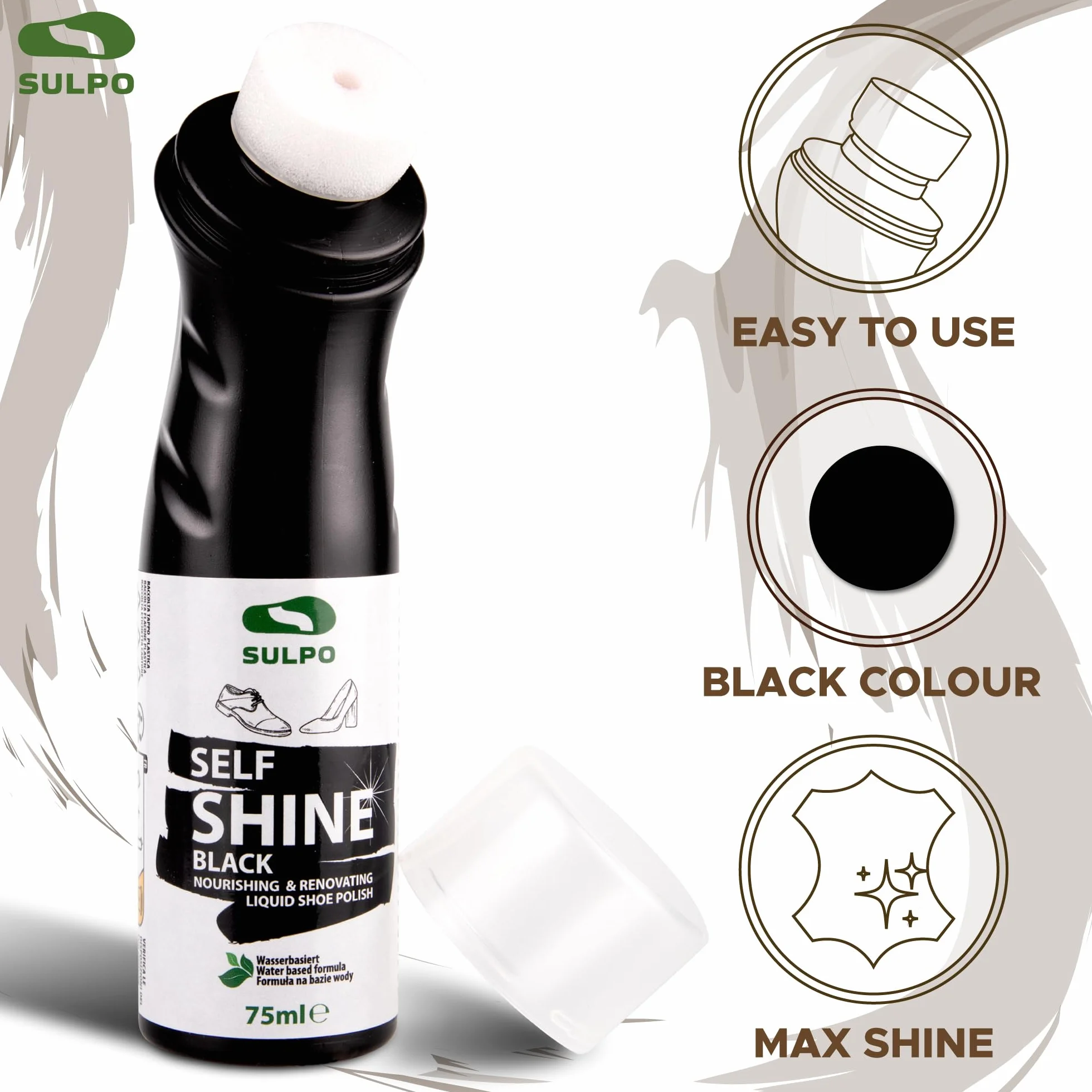 SULPO bezbarwna pasta do butów w butelce z aplikatorem - pasta nabłyszczająca do skór - płynna pasta do pielęgnacji skór - Self Shine Liquid Shoe Cream 75ml - samonabłyszczająca