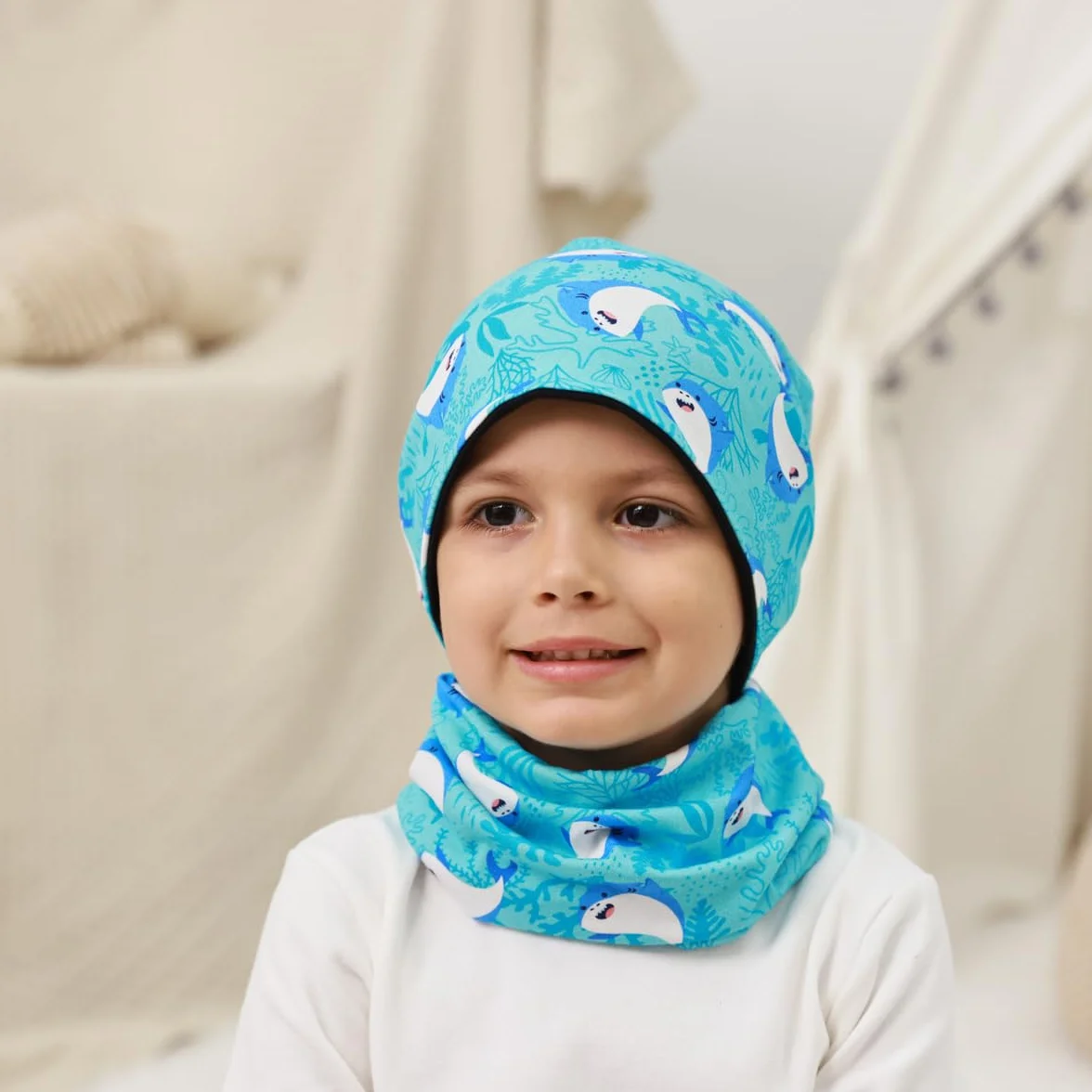 MAKFORT Dziecięca czapka beanie, szalik, szal kominowy, zestaw z bawełny, szal dla chłopców i dziewczynek, na jesień, wiosnę, zimę