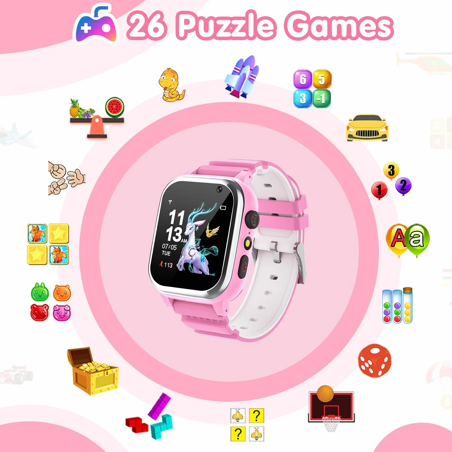 Smartwatch dla dzieci z 26 grami, muzyką kaloryczną, zegarek Smartwatch dla dzieci z telefonem, SOS, aparatem, latarką, budzikiem, słodkim tłem, prezentem dla chłopca i dziewczynki 3-12 lat