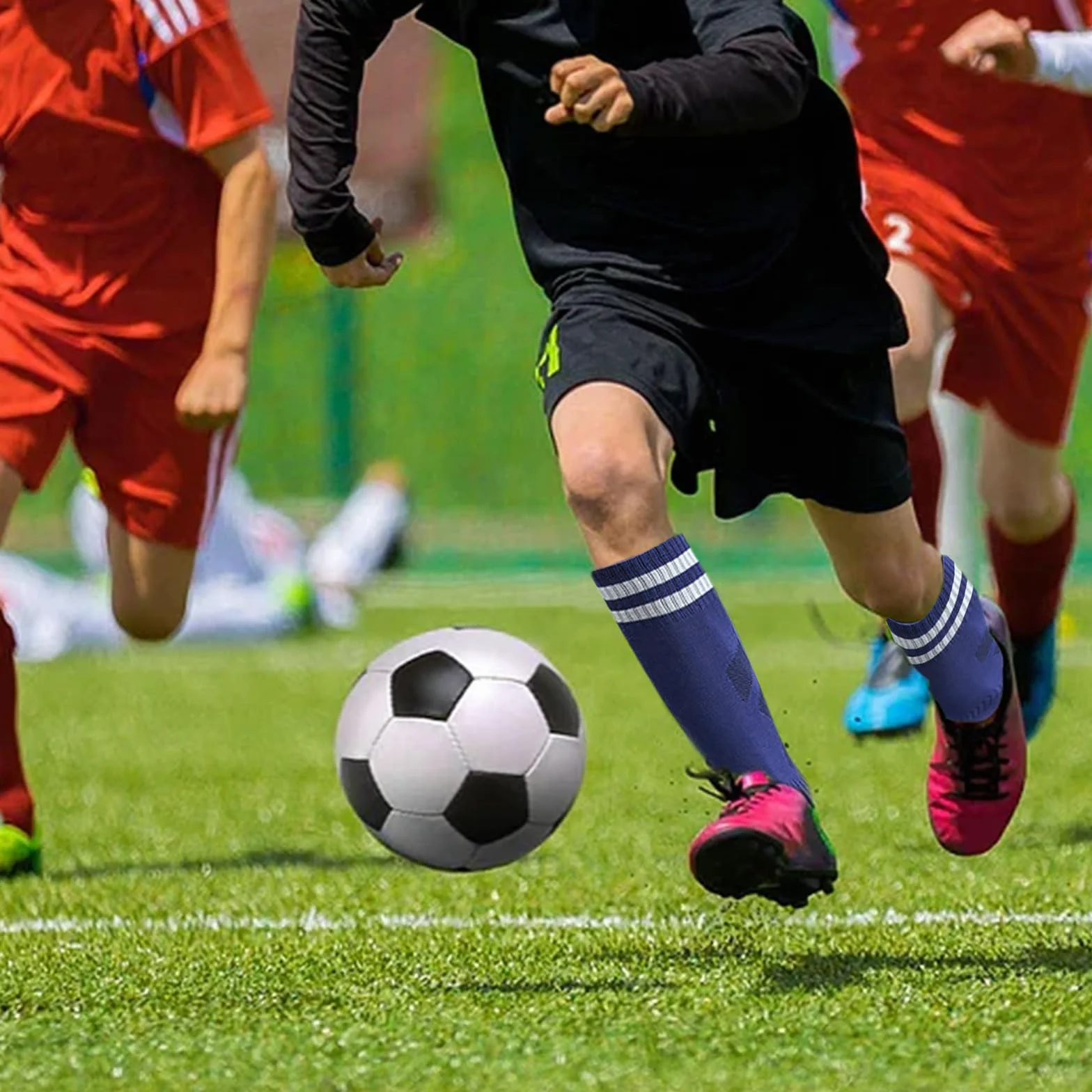 SKHAOVS 3 pary dziecięcych ciemnoniebieskich długich skarpet do piłki nożnej, do kolan, koszykówki, rugby, oddychające skarpety sportowe, skarpety treningowe dla 5-12 lat, dla chłopców i dziewczynek