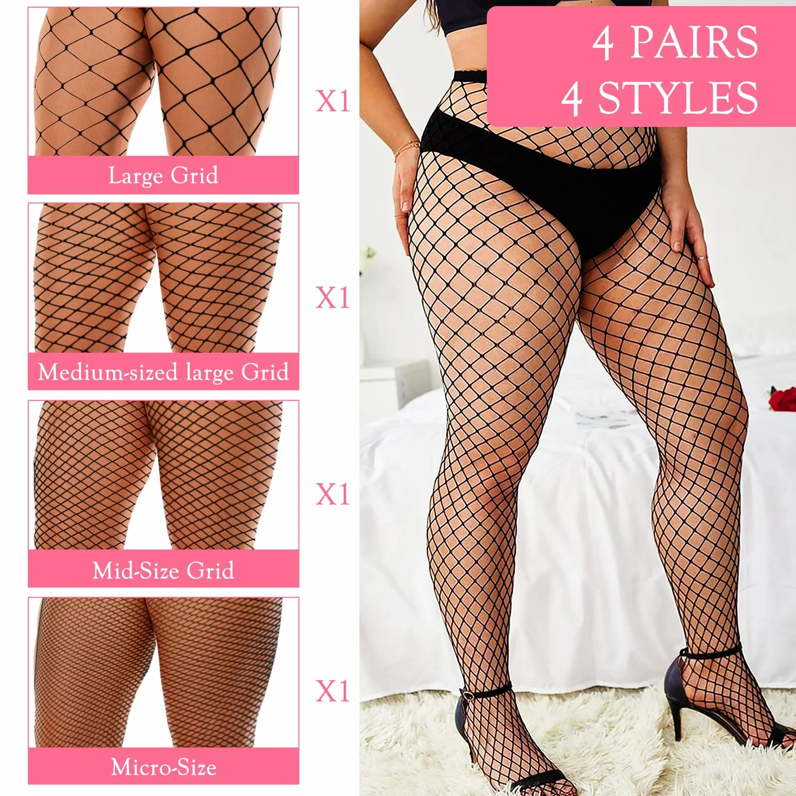 Abeillo 4 pary plus size pończochy kabaretki, rozciągliwe rajstopy z wysokim stanem, czarne legginsy, 4 style, L