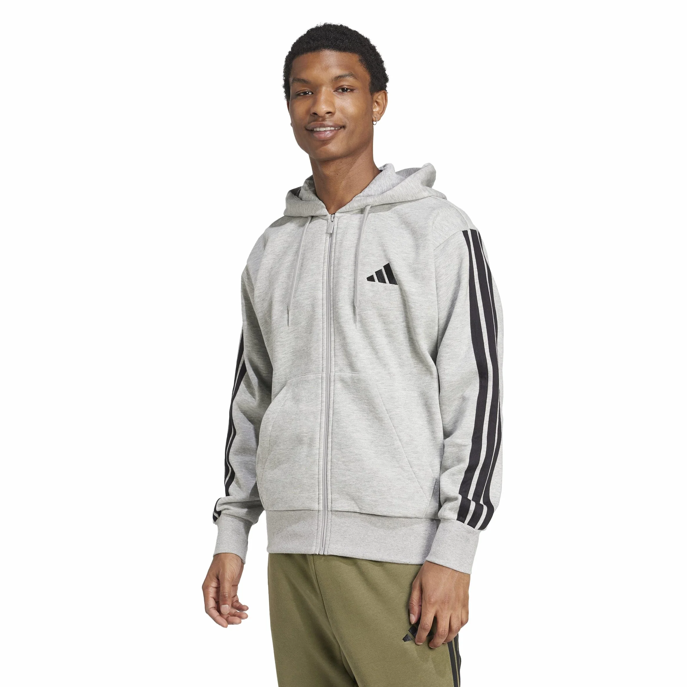 adidas Mężczyźni ESSENTIAL THREE STRIPES FLEECE ZIPPER HOODIE, medium grey heather/black, L