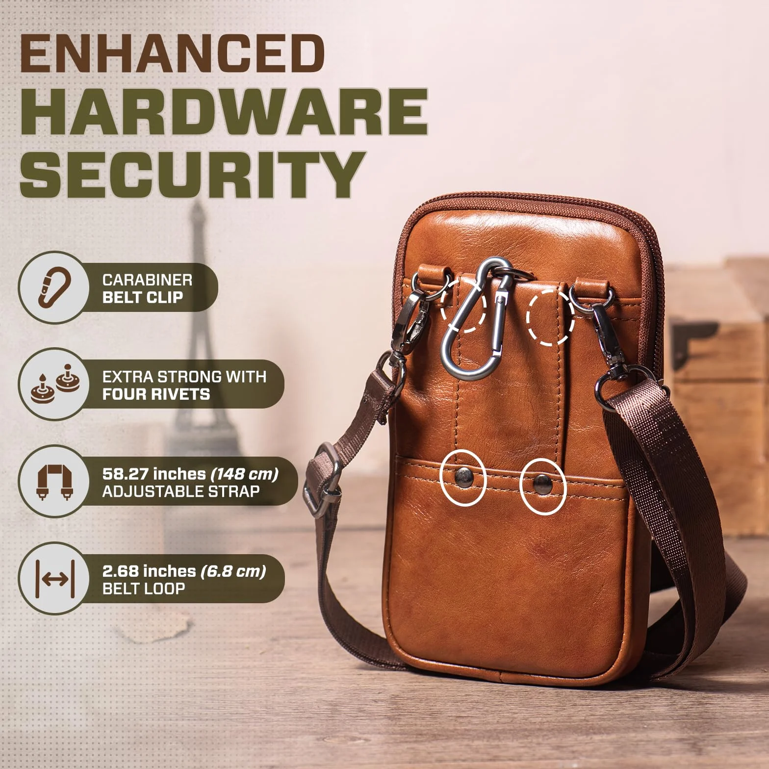 Męskie skórzane torby crossbody na ramię, małe pionowe kabury na telefon komórkowy, torebka, torba na talię, opakowanie z karabińczykiem i szlufką na pasek, Brązowy_b, S, Torby na ramię