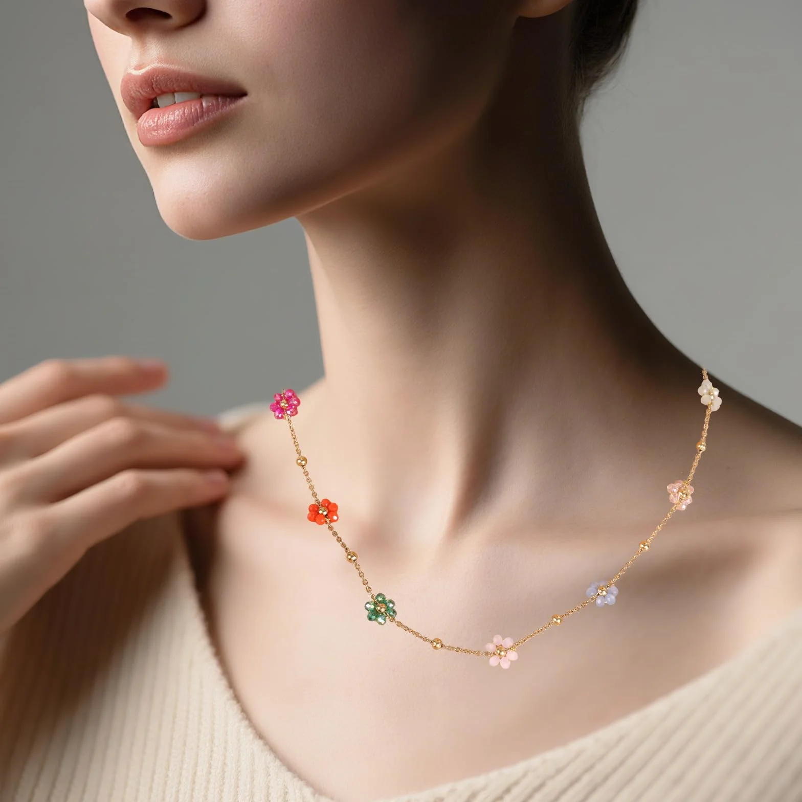Mikovivi Naszyjnik z Koralików Kwiatowych, 40+5 cm Naszyjnik z Koralików w Kwiaty Stokrotki Modne Regulowane Naszyjniki Słodka Kolorowa Biżuteria Choker dla Kobiet