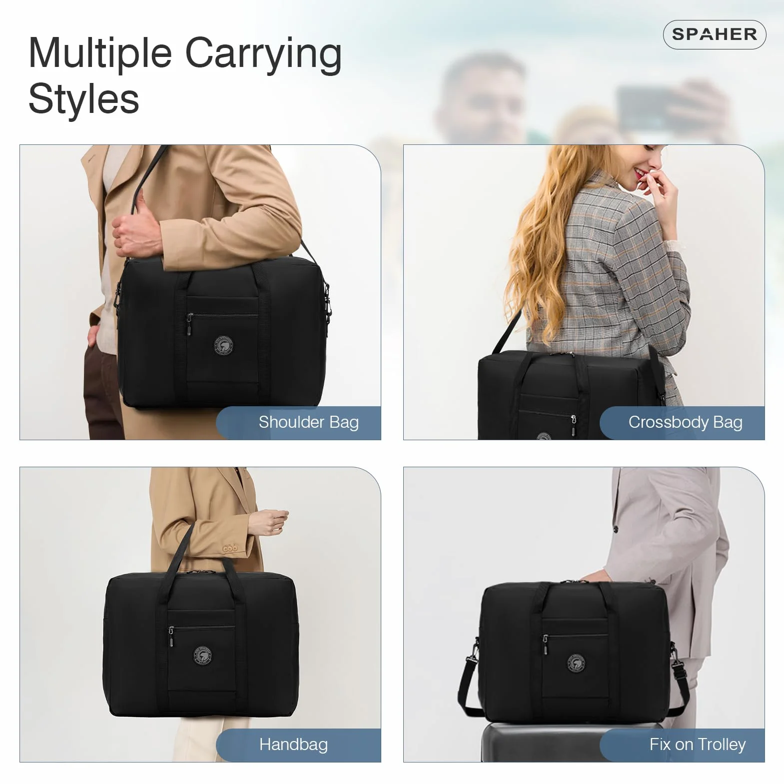 SPAHER Torba Podróżna Duża Składana Torby Podróżne Bagaż Podręczny 55x40x20 Lufthansa Tui Airways Lekki Samolotu Torba Marynarska 45L Packable Holdall Wodoodporna Torebka dla Mężczyzn i Kobiet Czarny