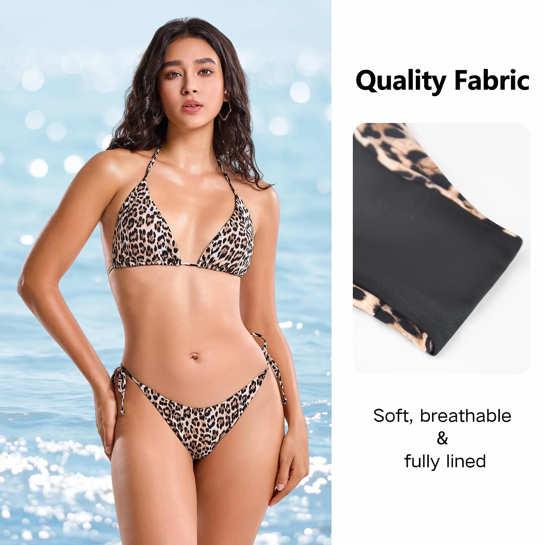 POWER FLOWER Bikini damskie 3-częściowe z nadrukiem w panterkę z krótkim rękawem, z długim rękawem, regulowany trójkątny strój kąpielowy