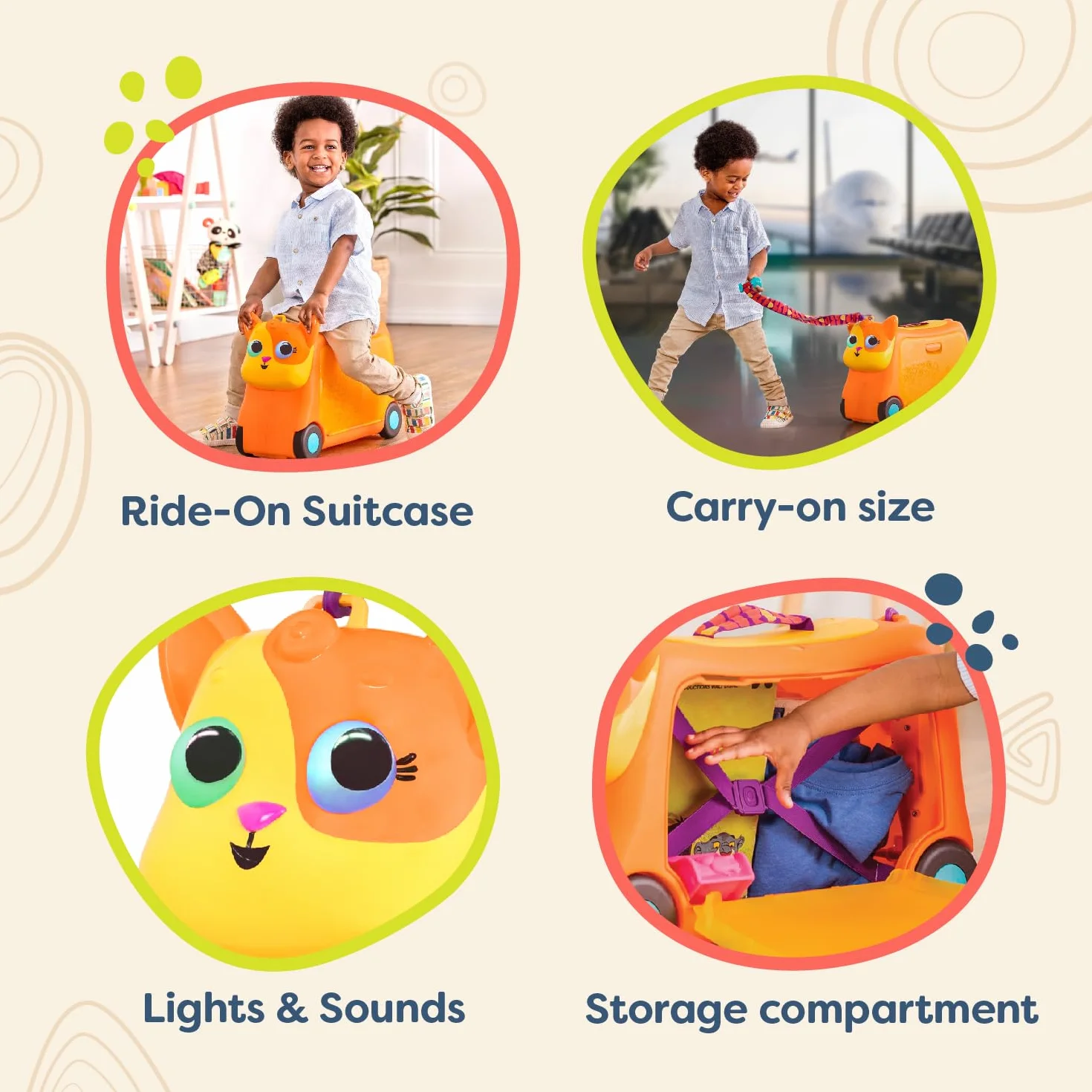 B. toys Lolo – bagaż podręczny dla dzieci, walizka podróżna z oświetleniem i dźwiękiem, bagaż dziecięcy do siedzenia na górze, z miejscem do przechowywania, dla dziewcząt i chłopców od 2 lat