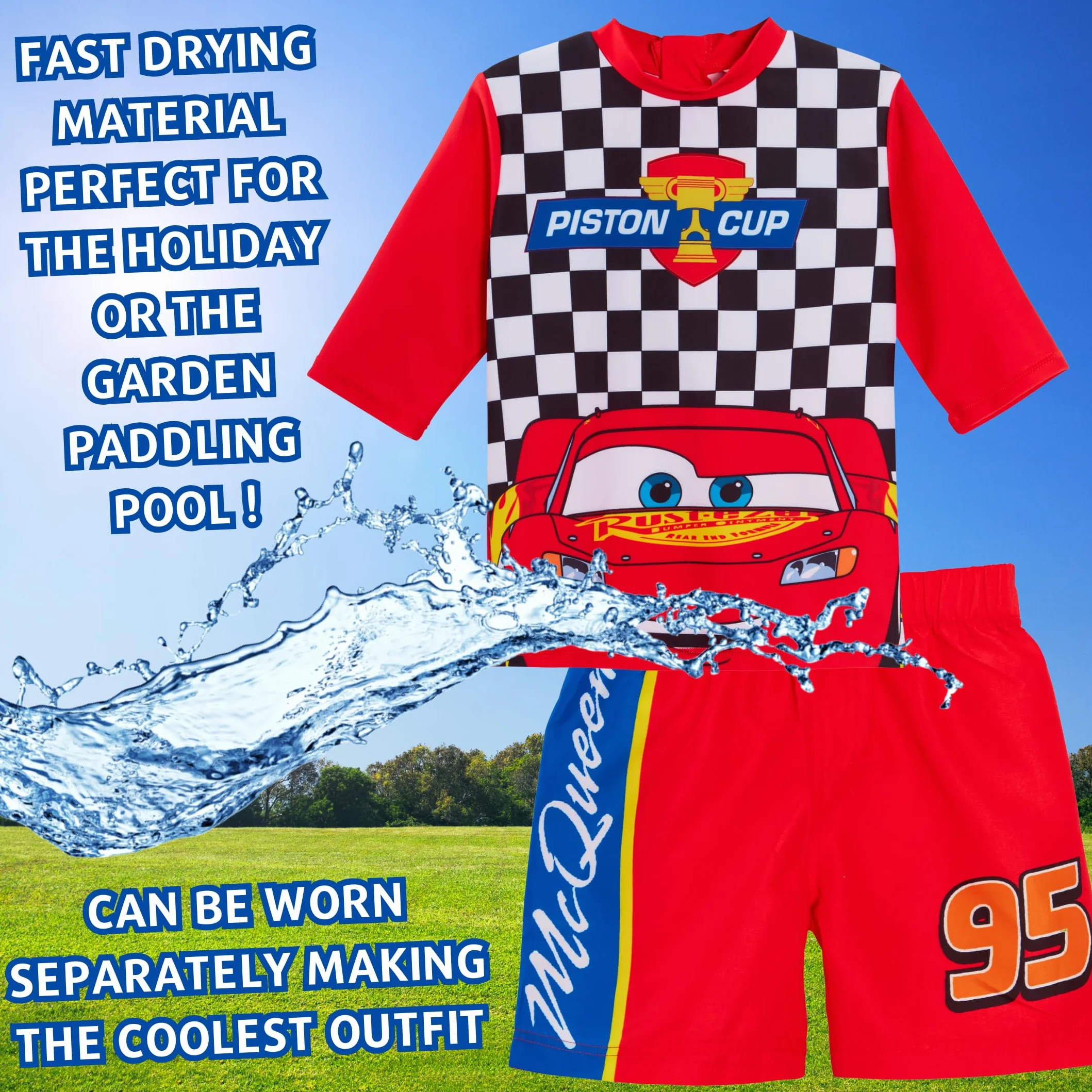Szorty kąpielowe chłopięce Cars + Rash Vest Lighting McQueen, 2-częściowy zestaw kąpielowy dla dzieci, do surfowania + szorty, zestaw do pływania