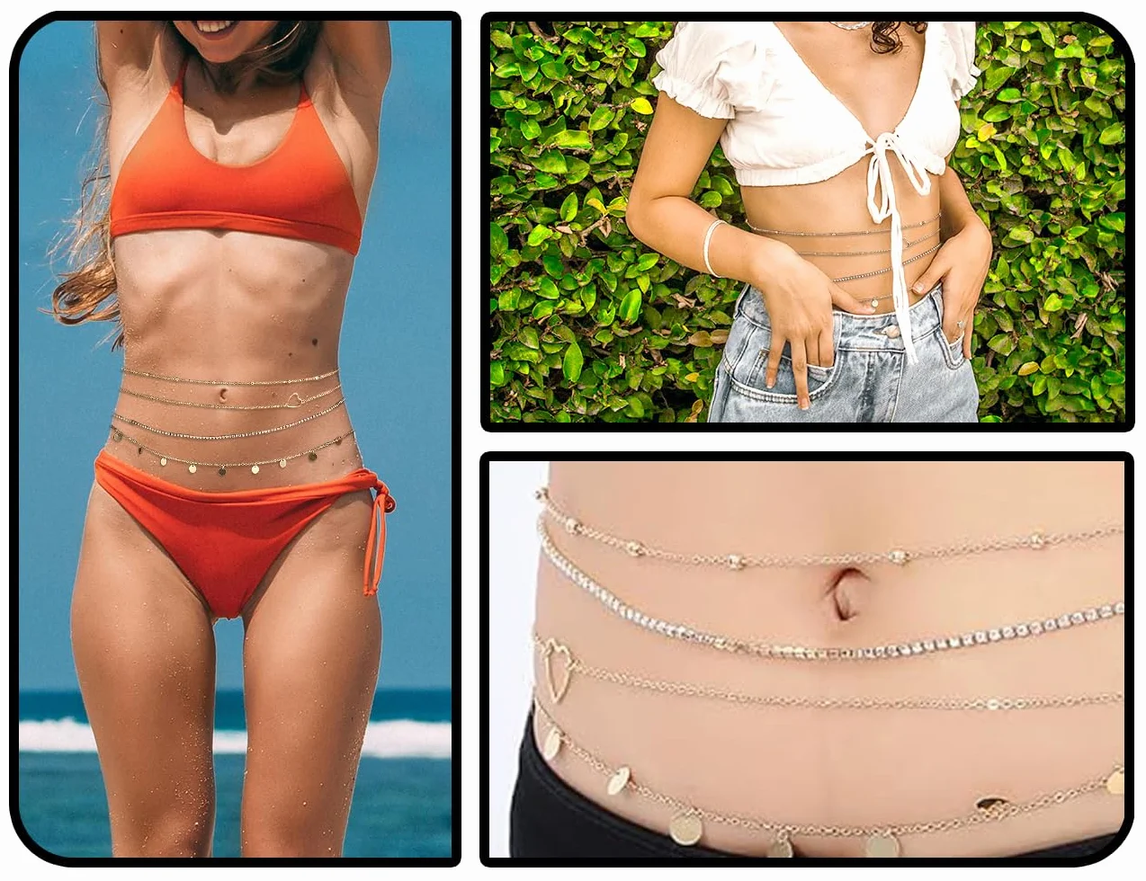 Zestaw 4 łańcuszków w talii, warstwowe błyszczące łańcuszki na brzuch, łańcuszki do bikini, cekinowy pasek z łańcuchem do ciała, biżuteria do ciała dla kobiet i dziewcząt (złoty), universal,