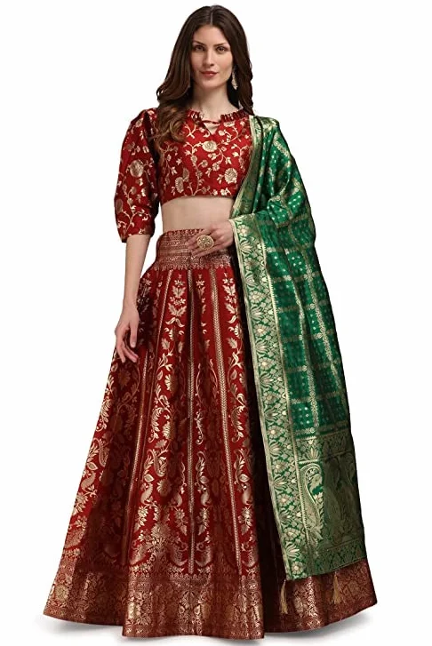 Damska sukienka żakardowa Lehenga Choli & Dupatta na wesele, dowolny rozmiar (Lehenga: częściowo szyta i bluzka: bez szycia)