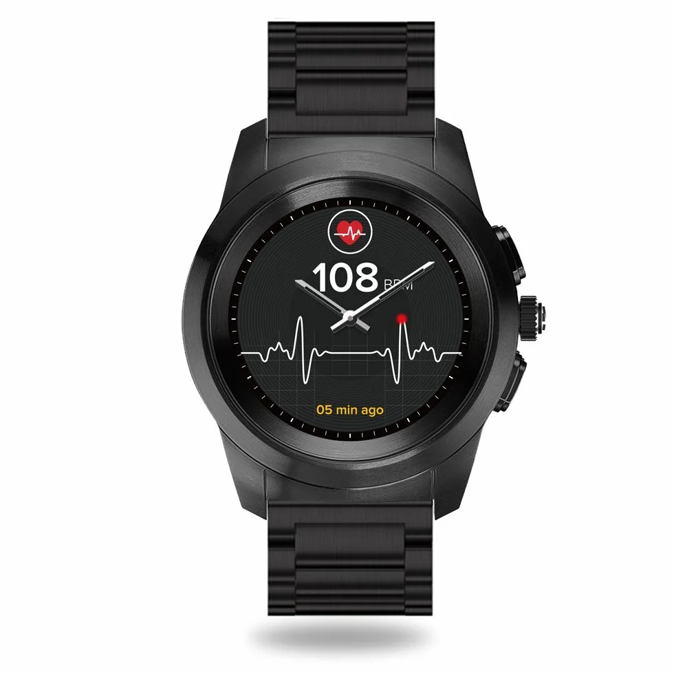 MyKronoz ZeTime Elite Hybrid Smartwatch 44 mm z mechanicznymi wskazówkami na kolorowym ekranie dotykowym – szczotkowany czarny/metalowy krawat