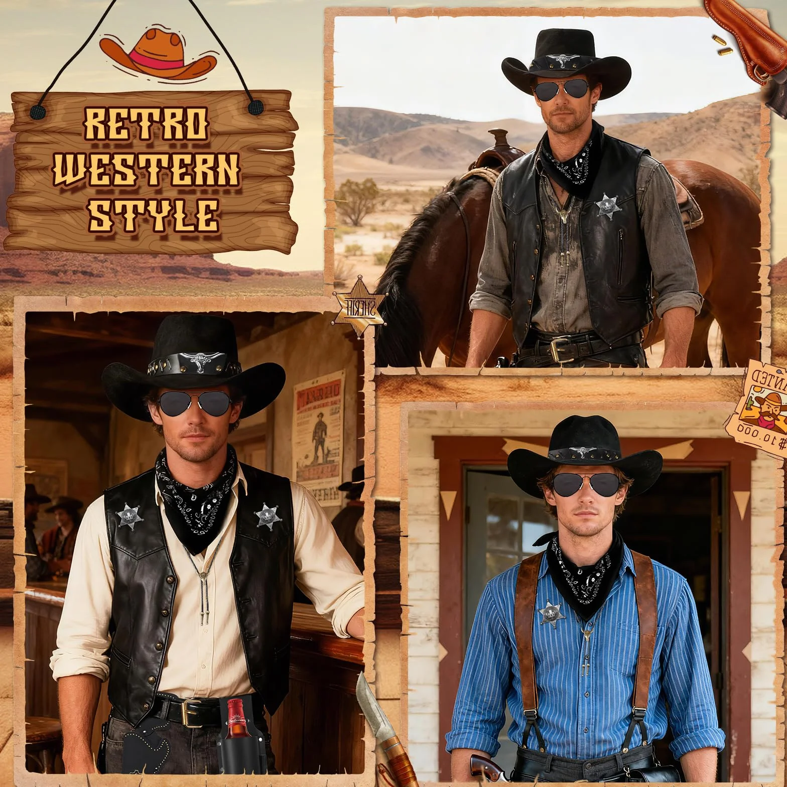 9-częściowy kostium kowbojski western, zestaw z kapeluszem, okularami, naszyjnikiem, uchwytem na kufel piwa, bandaną, kaburą, odznakami, paskiem na karnawał, na imprezę tematyczną, cosplay
