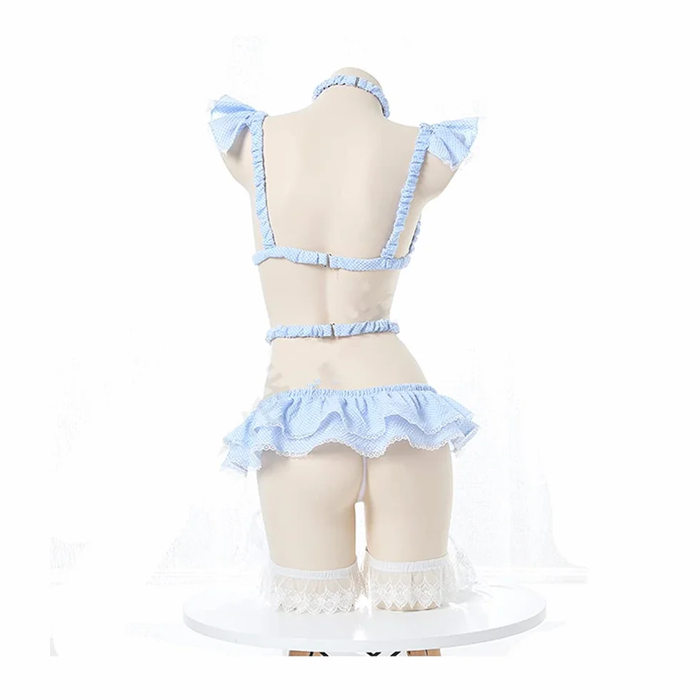 JasmyGirls Seksowny zestaw bielizny cosplay, kawaii, anime, , bielizna do odgrywania ról, stanik w kratę, majtki piżamowe z chokerem pas do pończoch