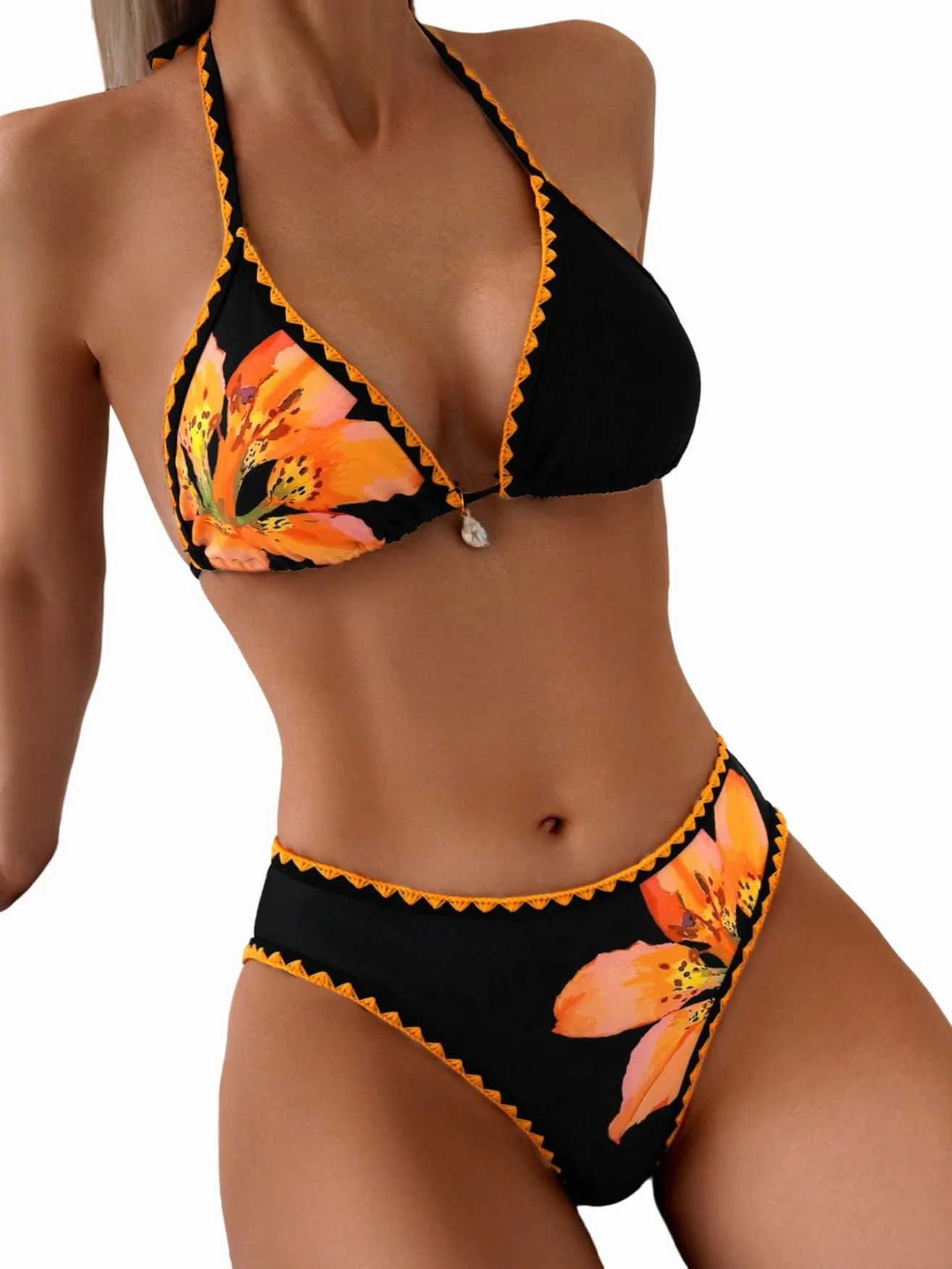 GORGLITTER Brazilian Style damskie bikini, seksowne stringi trójkątne bikini z kwiatami, dwuczęściowy strój kąpielowy wiązany na szyi, moda kąpielowa
