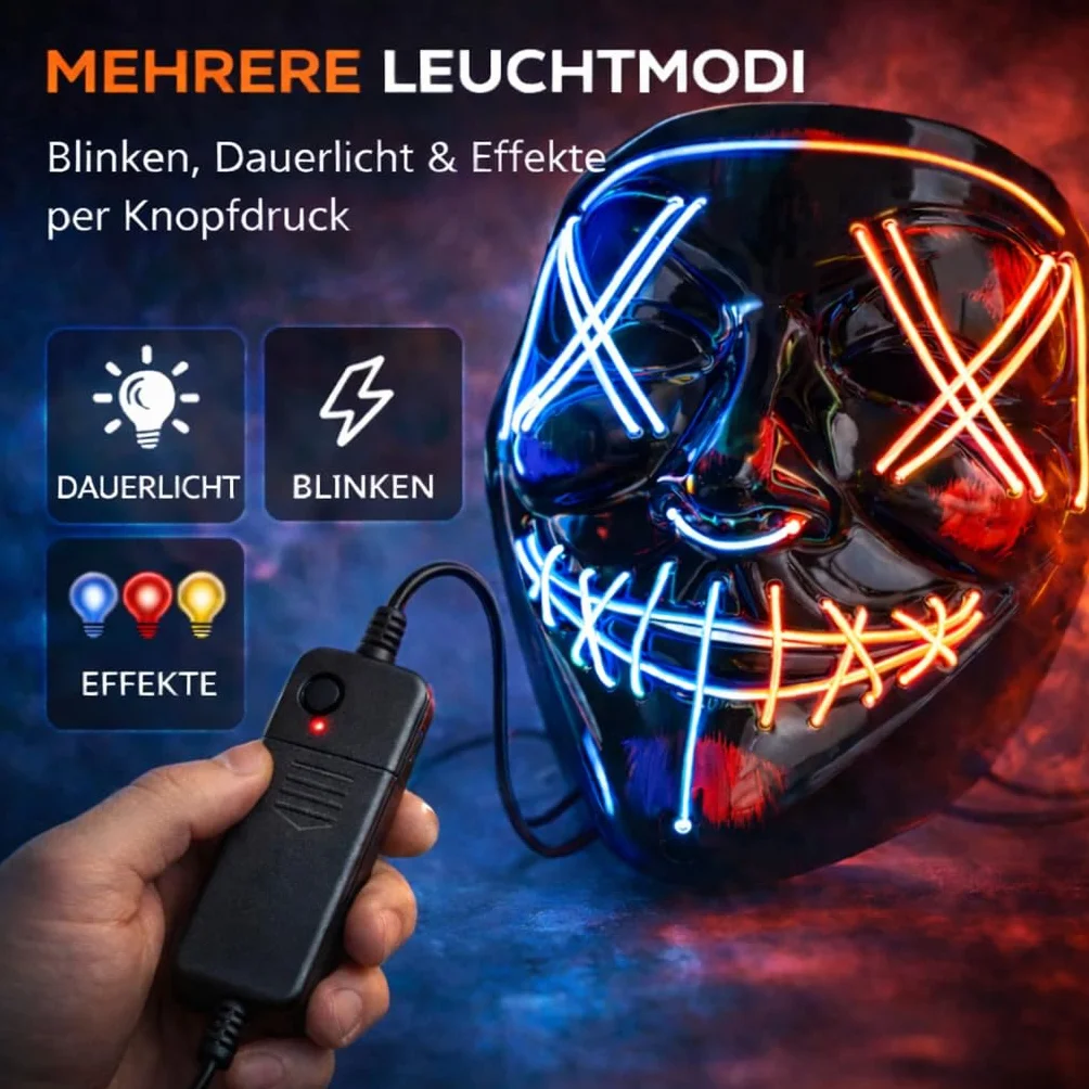 Maska na Halloween Purge LED, maska kostiumowa, sterowana, na karnawał, kostium i przebranie dla mężczyzn i kobiet (wybór koloru)