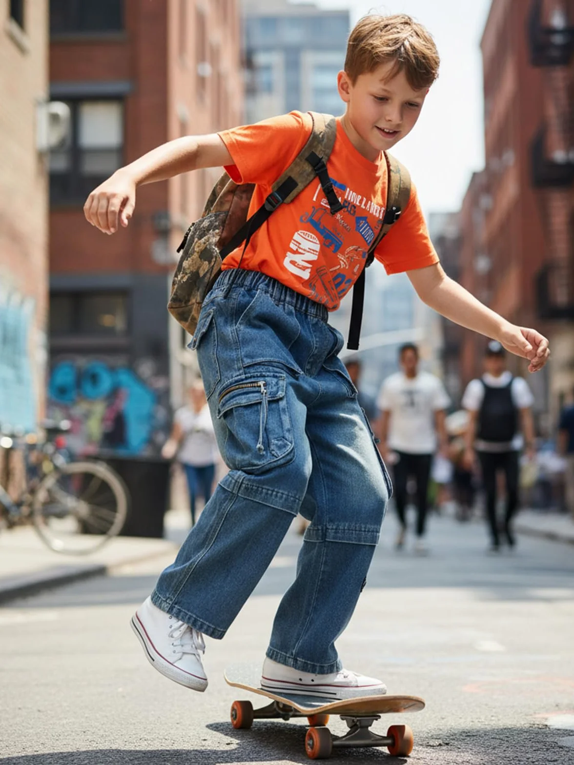 JiAmy Chłopięce spodnie dżinsowe, elastyczny ściągacz, Baggy Jeans chłopięce, szerokie nogawki, Y2k, dziecięce spodnie cargo, bawełna, spodnie dżinsowe dla chłopców i dziewczynek, 120-160 (5-14 lat)