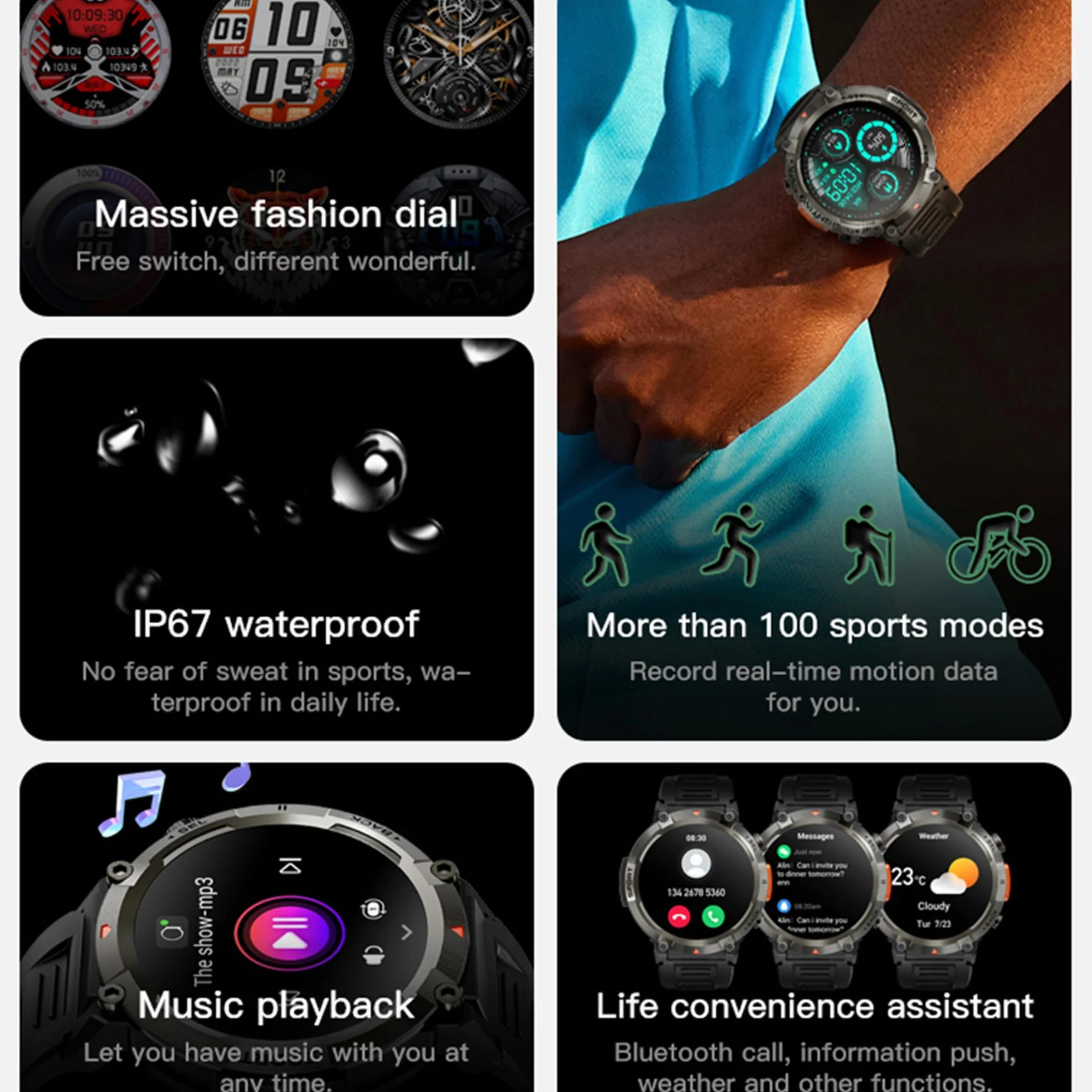 Smartwatche Mężczyźni z Funkcje Telefonu Bluetooth, Sportowy Smartwatch 1,45 Cala ze 123 trybami Sportowymi, Pochodnia, Pomiarem Tętna, Odtwarzaczem Muzycznym, Wodoodpornością IP68 dla Android iOS